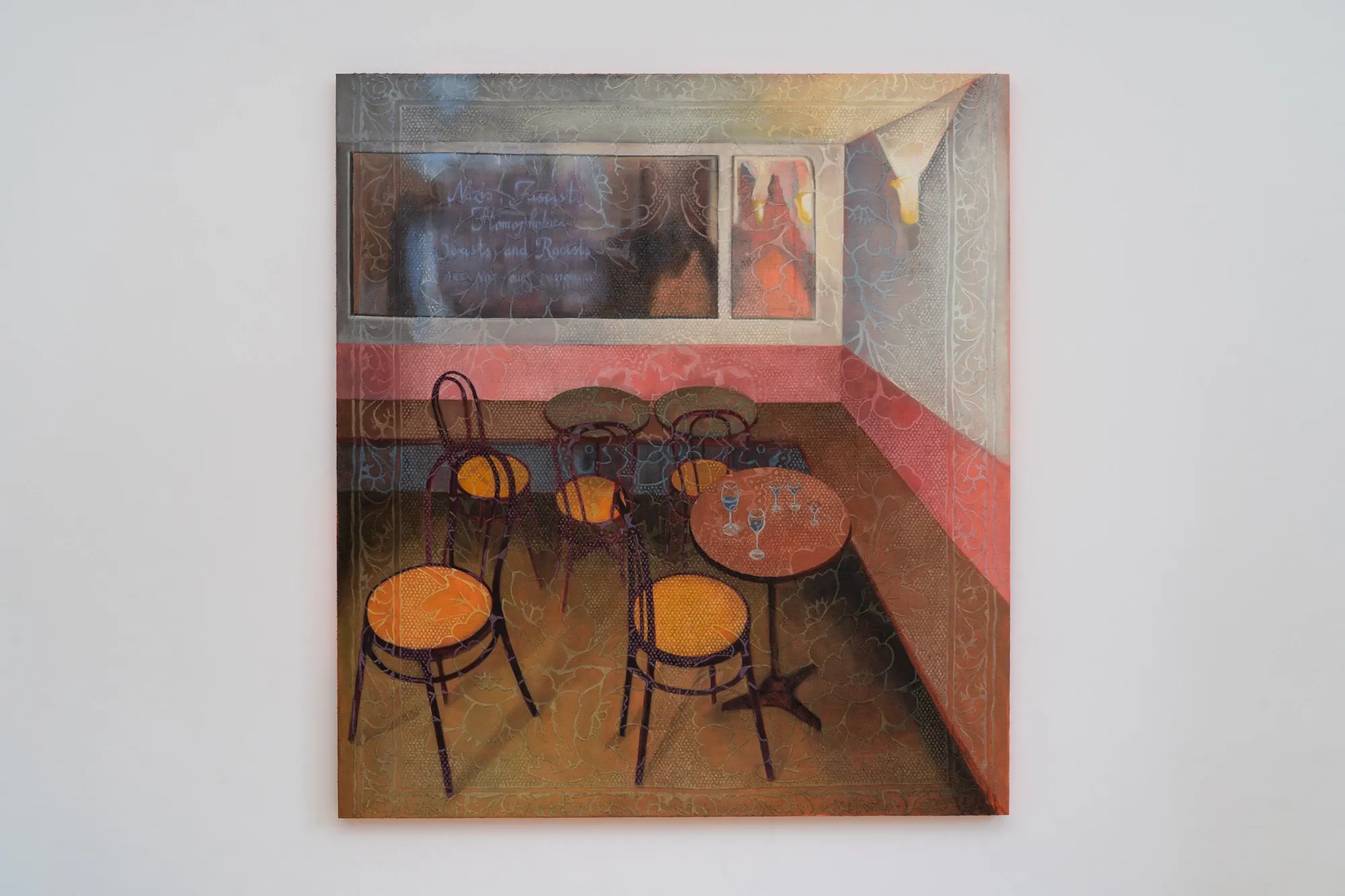 Paulina Gutkowska, MISE EN, Warsaw: painted café corner with orange bentwood chairs, a round table with glasses and a lace pattern over the surface.