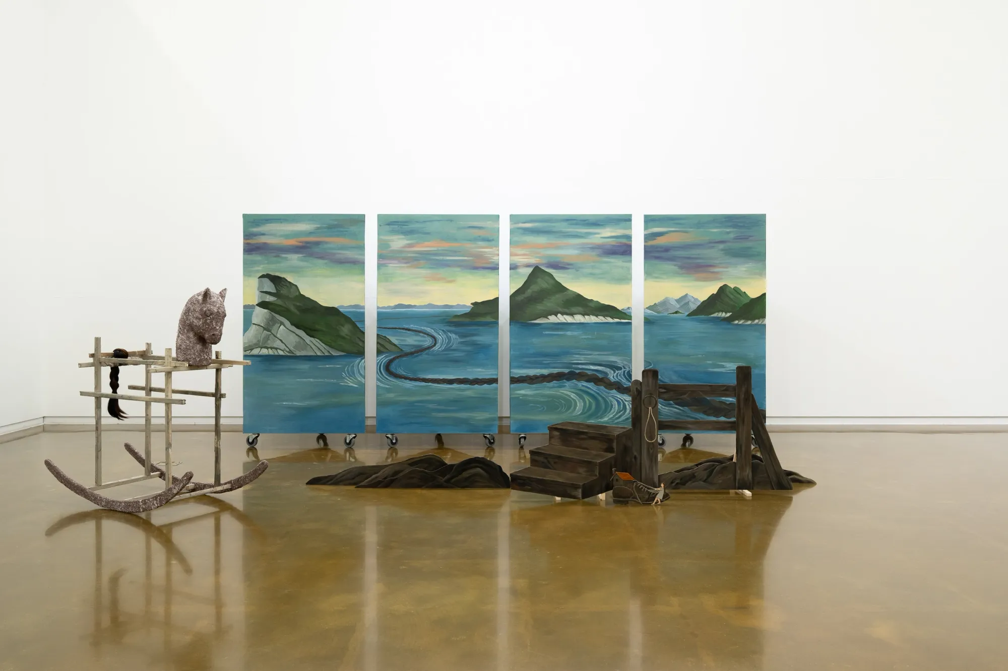 Seongeun Lee, Cheongju Art Studio, Cheongju: columns painted with blue water, green mountains and a braided rope, wooden fence in front.