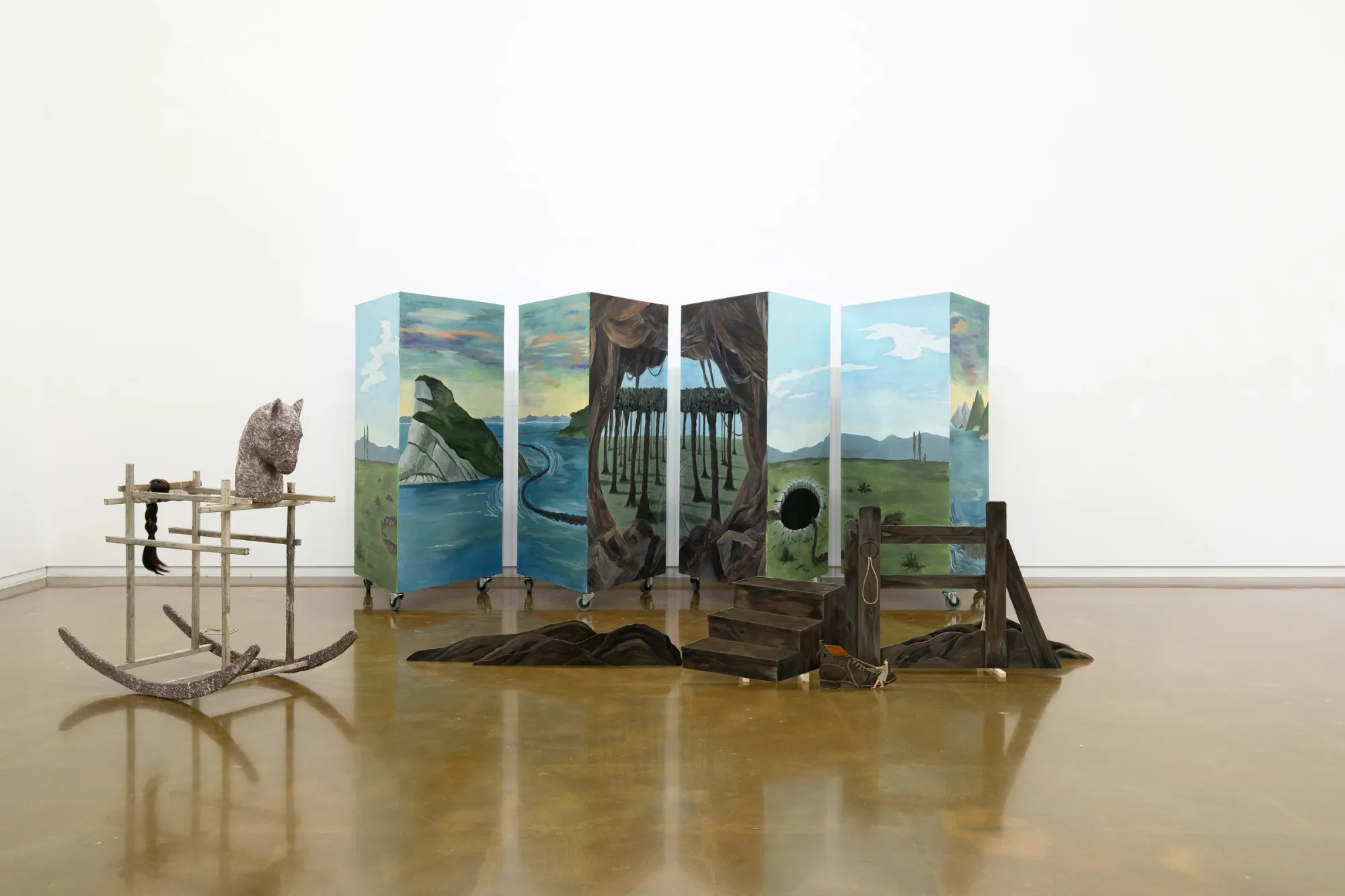 Seongeun Lee, Cheongju Art Studio, Cheongju: columns turned at angles so sea, cave and meadow faces meet, horse head at left.