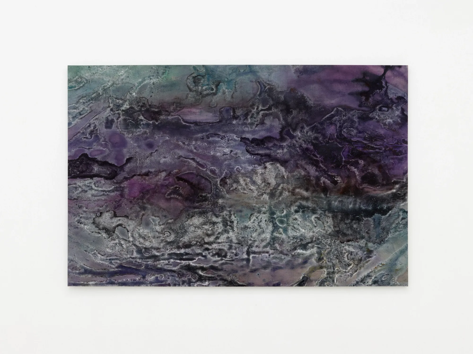 Taylah Hasaballah, INDICATRIX at The Address, Milan, 2026. Purple, teal and white painting with a marbled crusted surface.