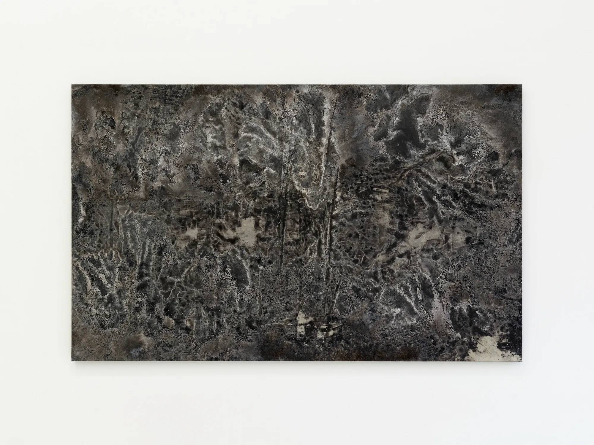 Taylah Hasaballah, INDICATRIX at The Address, Milan, 2026. Black, grey and white painting with branching crystalline texture.