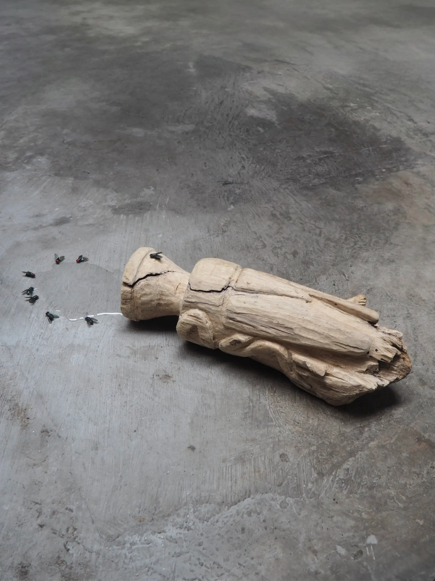 Yasy Bachurina, Studiya, Seoul: Pale carved wood fragment lying on dark concrete with a ring of black rubber flies and a white line.