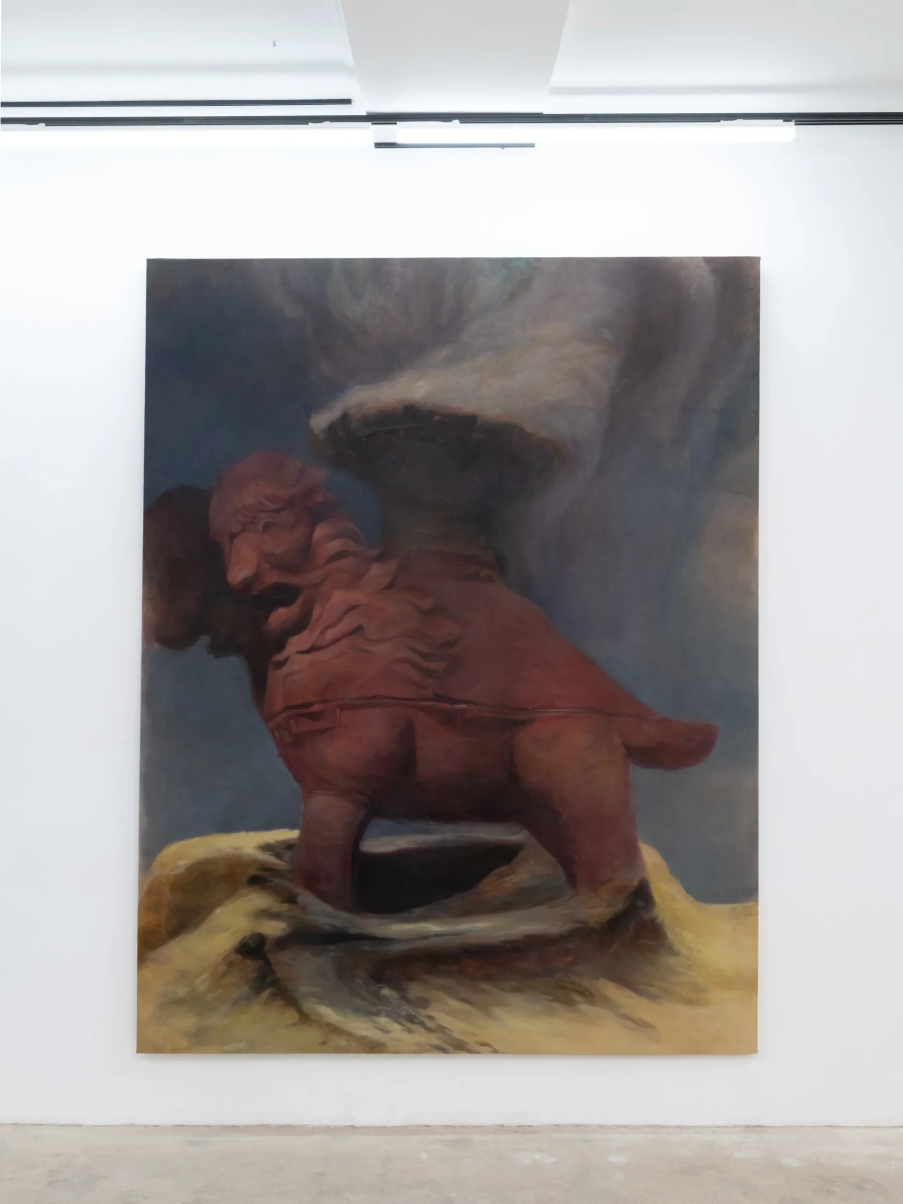Yasy Bachurina, Studiya, Seoul: Painting of a red-brown sculpted beast with a stone cap on a dark ground, hung on a white wall.
