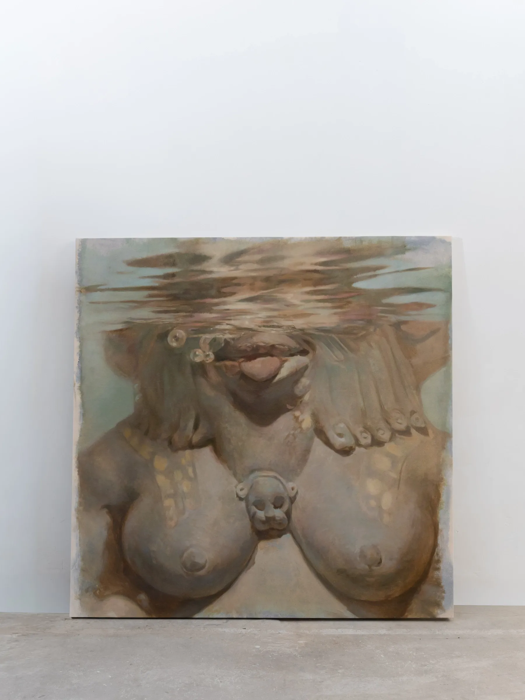 Yasy Bachurina, Studiya, Seoul: Canvas leaning on a concrete floor showing a torso seen from below a rippling water surface.