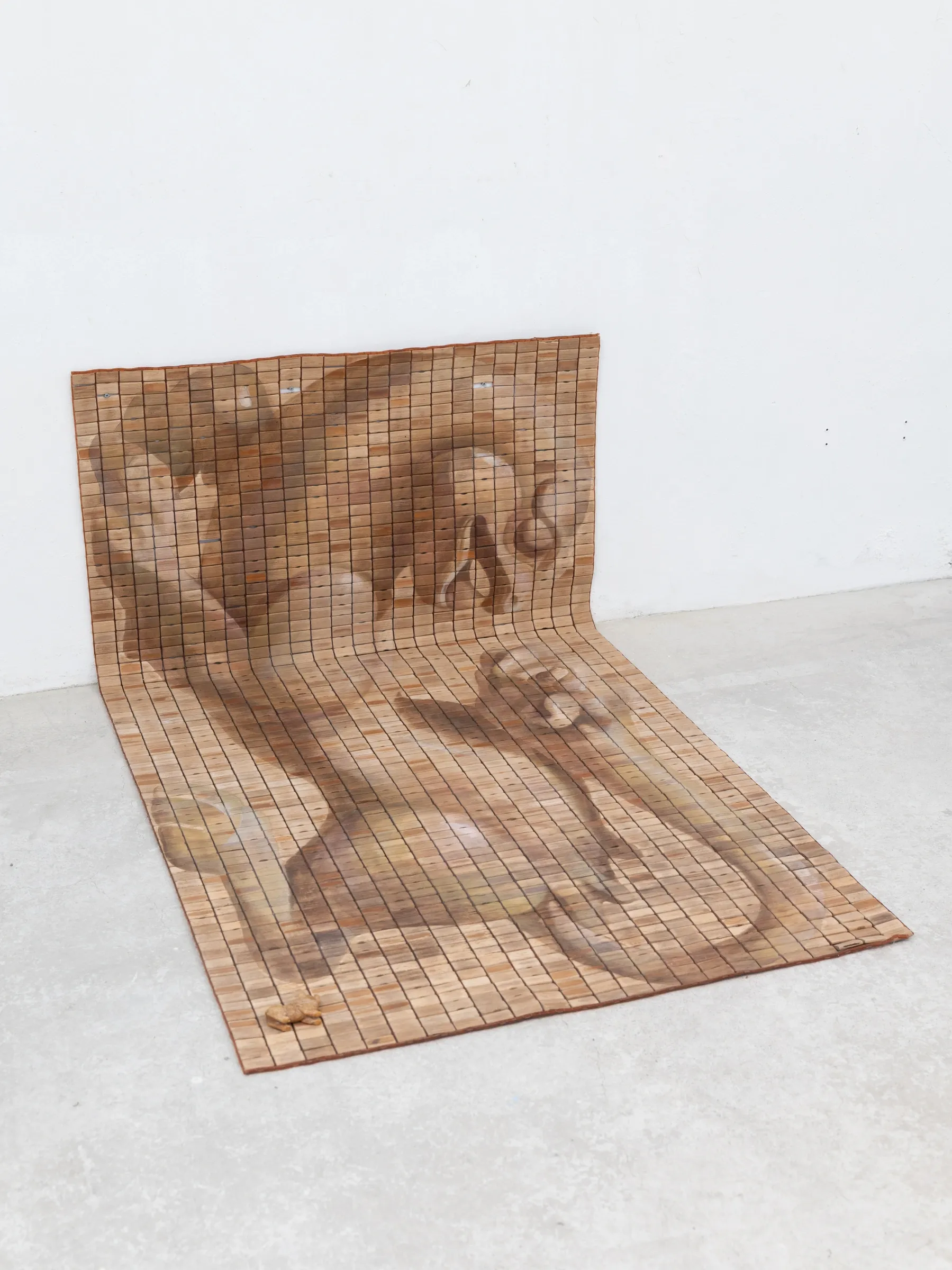 Yasy Bachurina, Studiya, Seoul: Painted wooden slat mat bending from floor to wall, carrying a faded brown creature image.