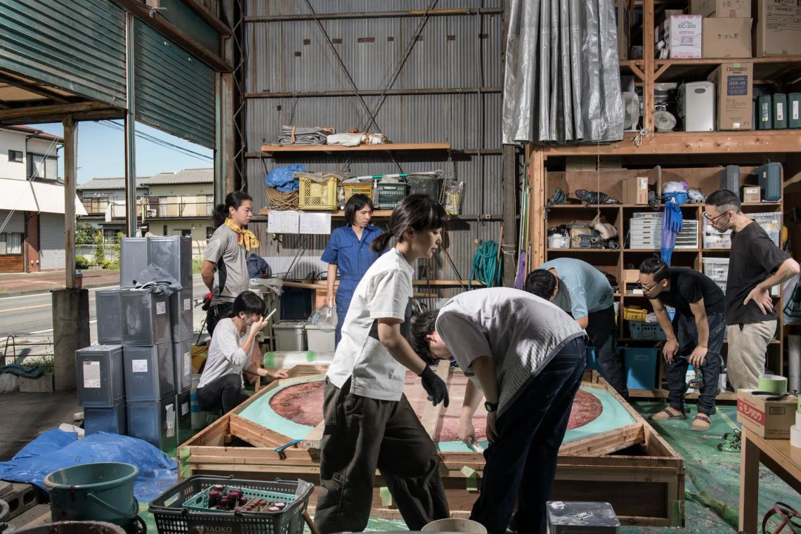 目[mé], Japanese art collective, in there studio in Tokyo now on view Catapult Munchies Art Club showcasing there art and practice