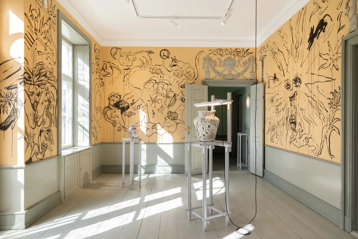 Karim Boumjimar at Møstings Frederiksberg. Wall paintings, ceramics, and silver casts map the body inside nature's cycles.