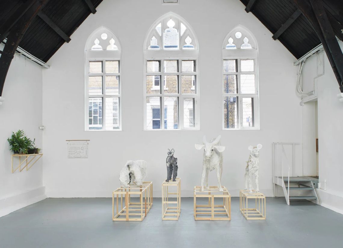 Lin May Saeed exhibition view Biene Studio Voltaire London 2018 animal sculptures on wooden plinths in bright gallery space