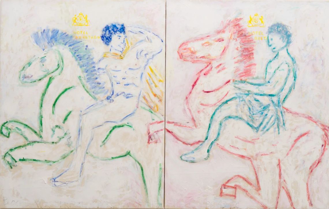 Michael McGregor drawing of two classical figures holding a rectangular panel on Hotel Grande Bretagne Athens stationery, Parthenon Marbles restitution series, 2026