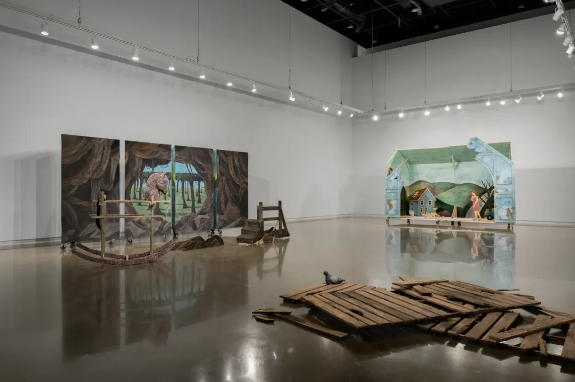 ALT: Seongeun Lee, Cheongju Art Studio, Cheongju: painted panels and a house on casters in a white hall.