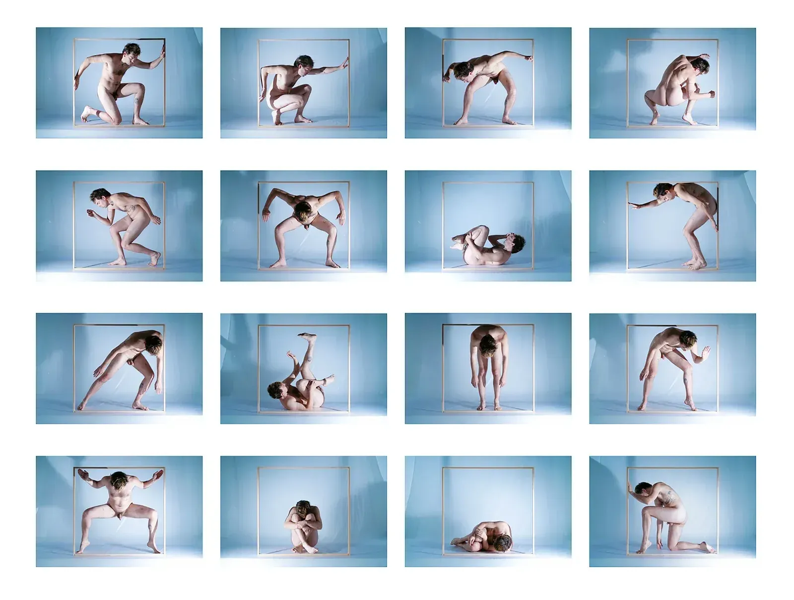 Performance still from Anti-Motion, 2024, by Alexander Kaye, showing restricted body movement within a grid structure exploring tension and controlled spatial systems.