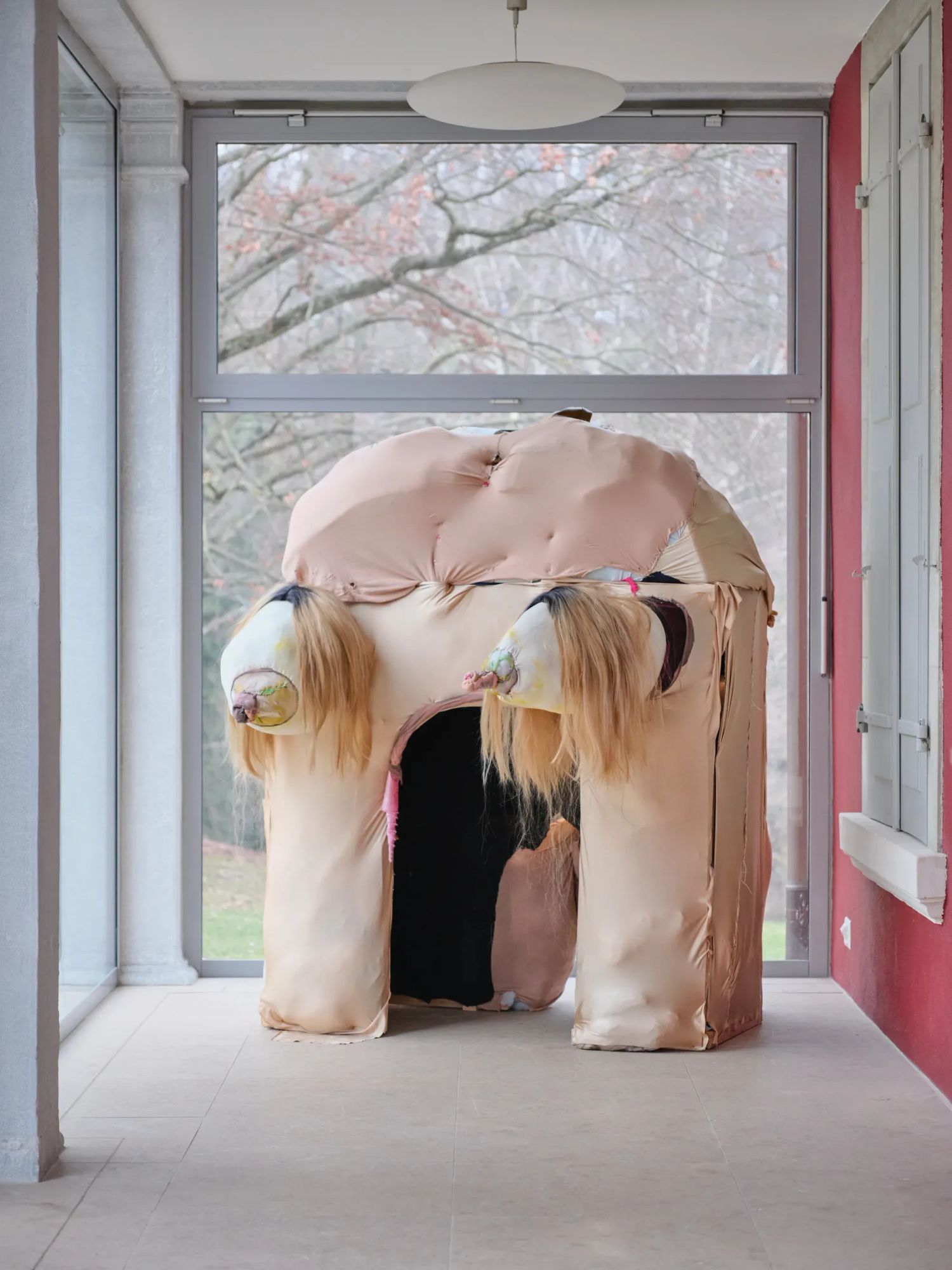 Latefa Wiersch, artwork, Original Features textile sculpture installation at Stitches exhibition Villa Bernasconi Lancy 2026