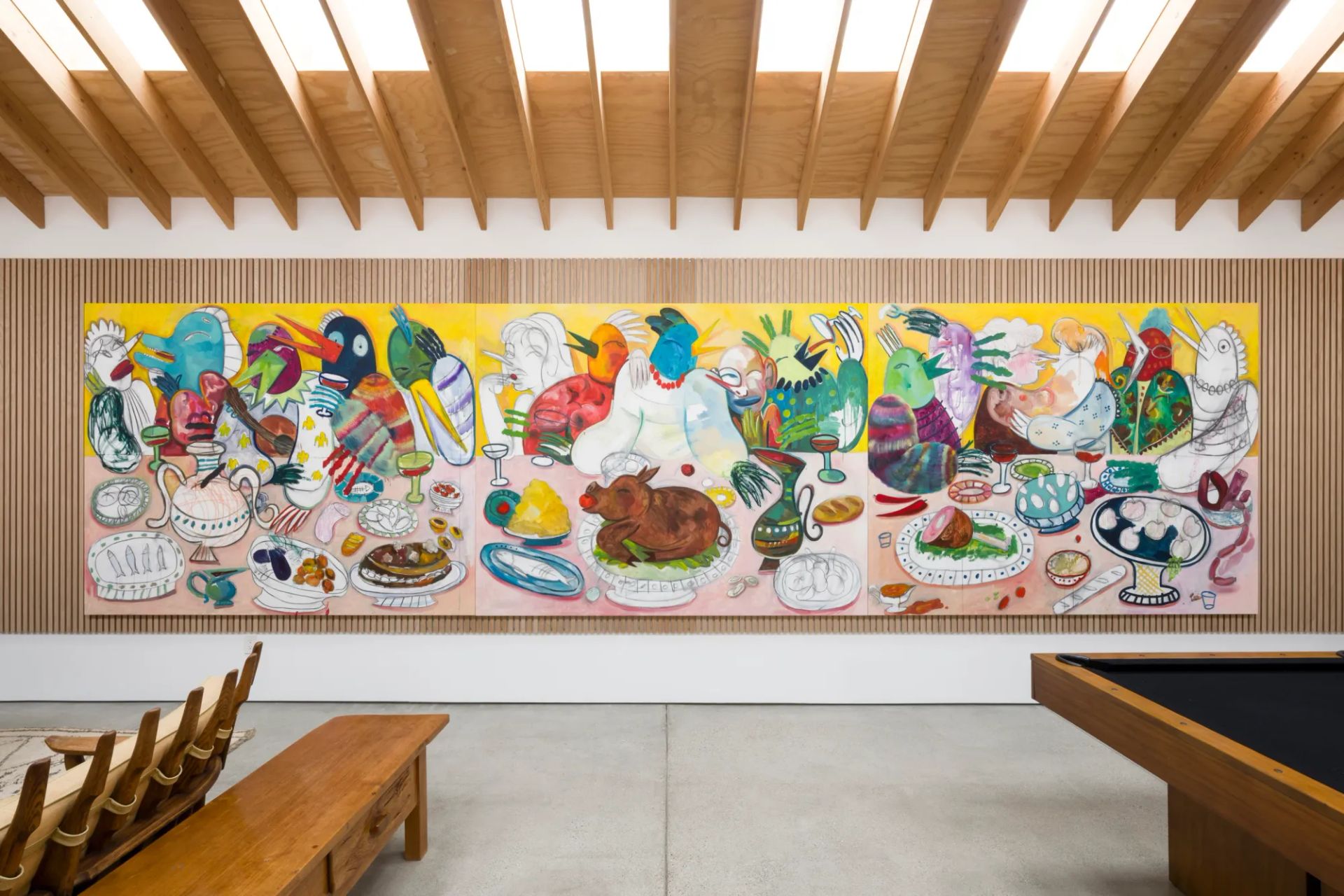 Installation view of Two of Us presented by Simchowitz at Hill House Pasadena featuring works by Andrey Samarin and Lera Derkach, including vecheria by Lera Derkach.