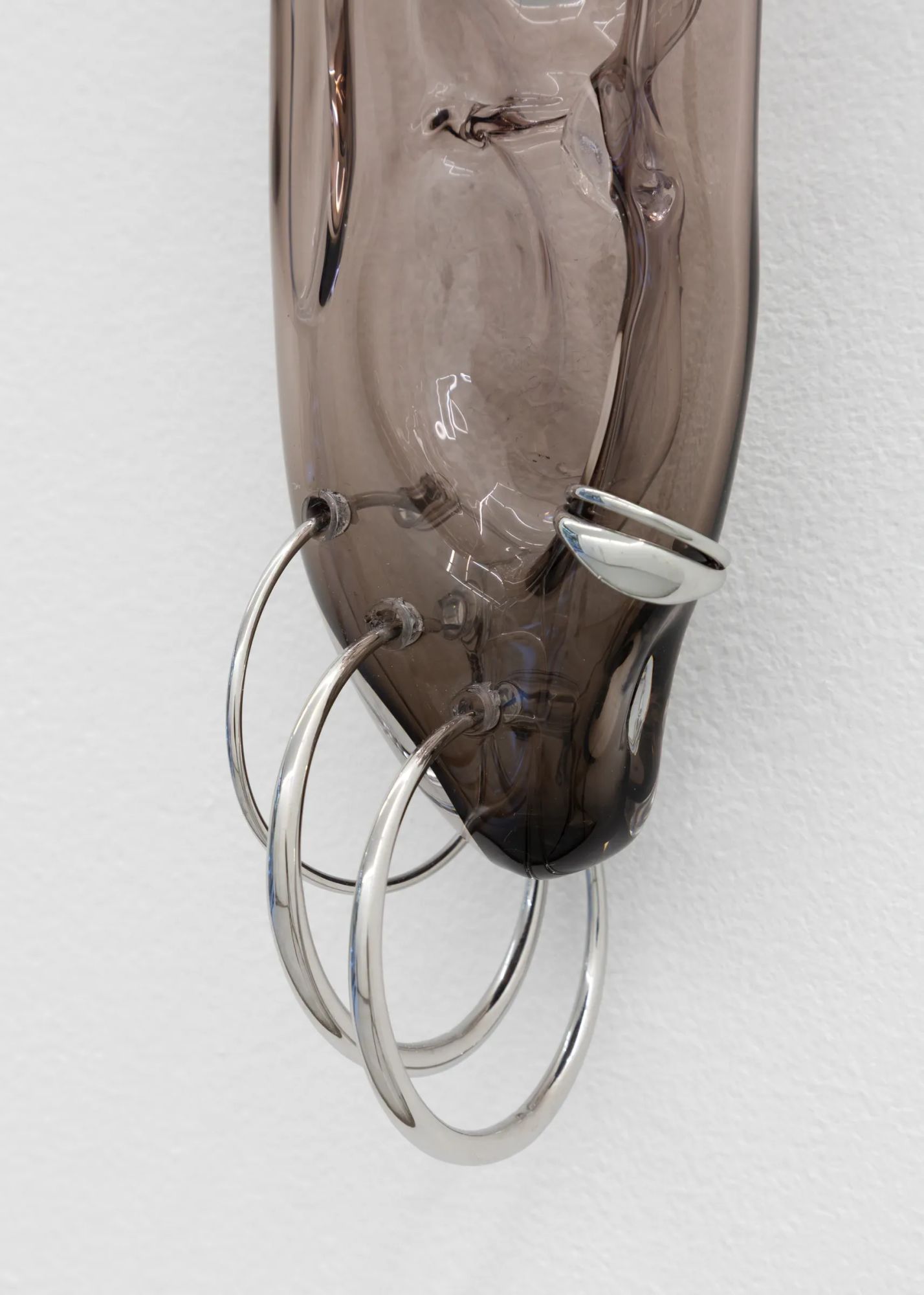 Glass ear sculpture in smoked glass and stainless steel mounted on wall, Floryan Varennes Spike series at Xxijra Hii London