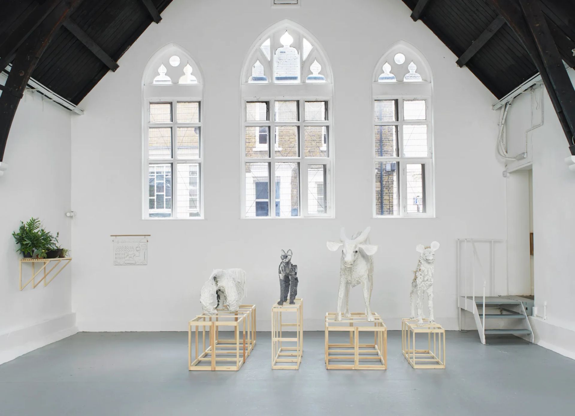 Lin May Saeed exhibition view Biene Studio Voltaire London 2018 animal sculptures on wooden plinths in bright gallery space