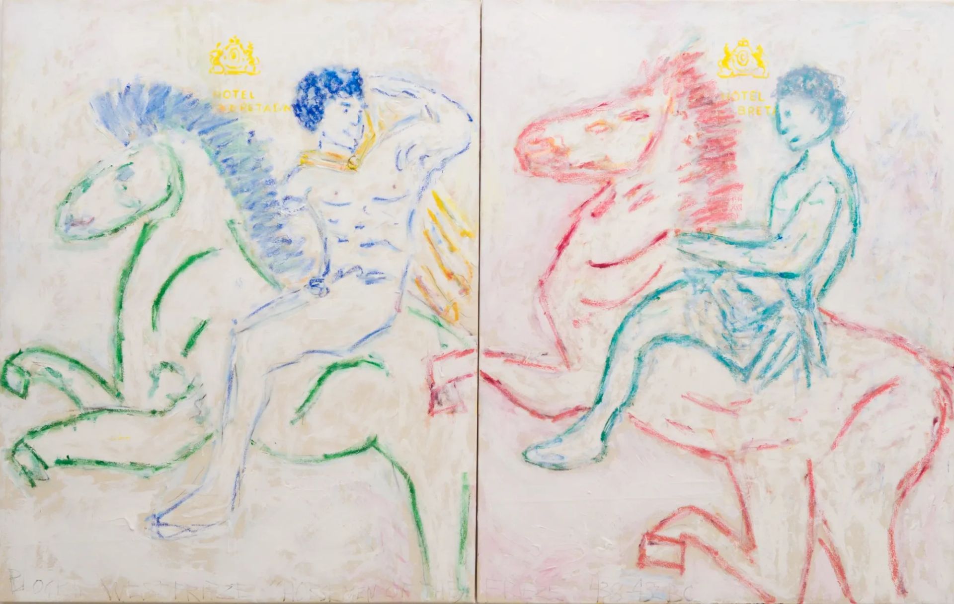 Michael McGregor drawing of two classical figures holding a rectangular panel on Hotel Grande Bretagne Athens stationery, Parthenon Marbles restitution series, 2026