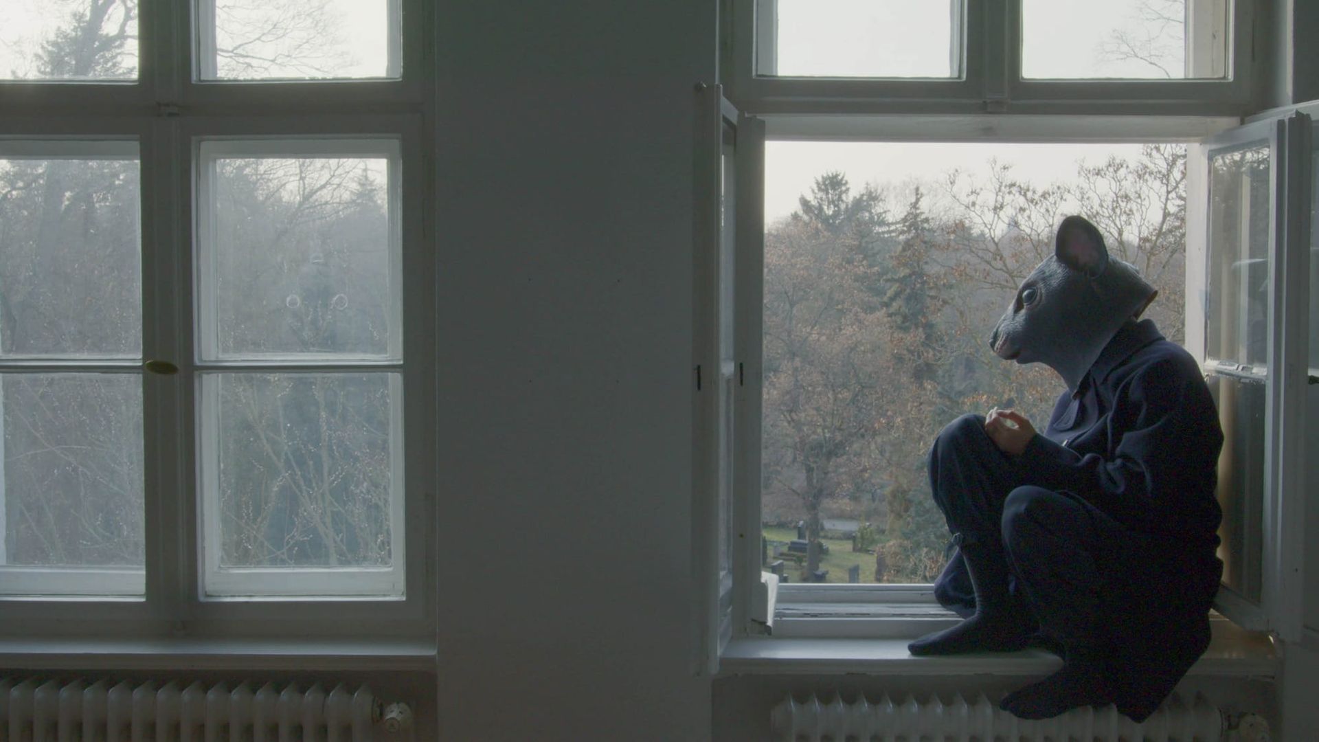 Exhibition review of Marwa Arsanios: Who is Afraid of Ideology? at TAXISPALAIS Kunsthalle Tirol, Innsbruck, 2026. Figure in a grey mouse mask sitting on a windowsill overlooking a cemetery.