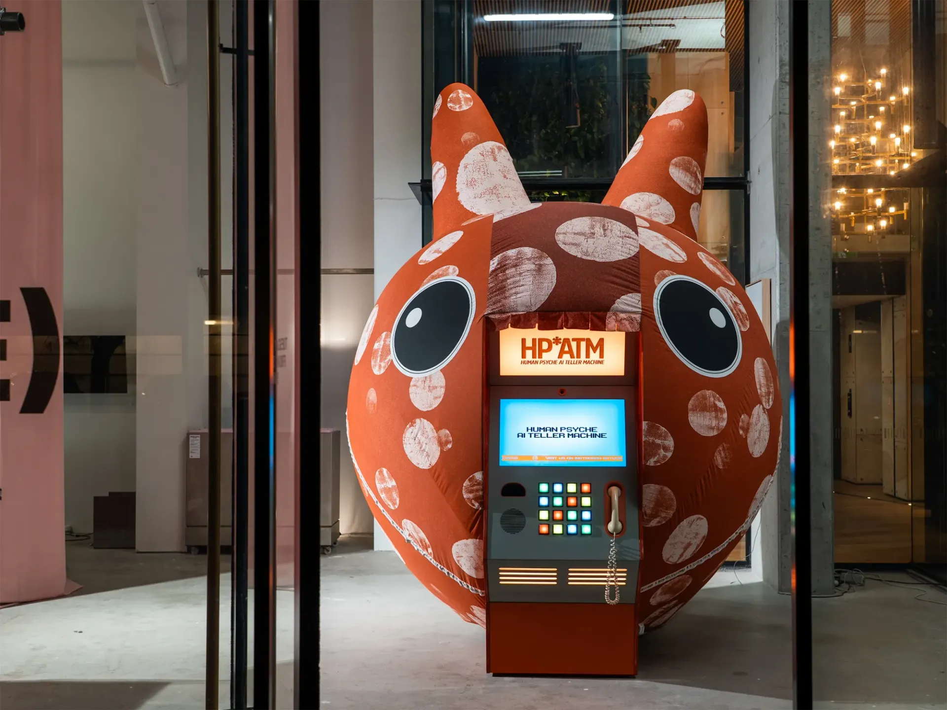 Exhibition review of Nimrod Weis: HPATM at FUTUREJUICE, Adelaide, 2026. Orange inflatable creature with polka dots and a glowing ATM interface.