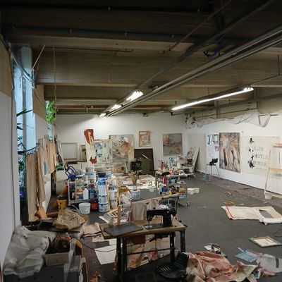 Ruth Devriendt, artist  studio during her interview with Di Franco, showing large canvases, tools and works in progress across the space. Installation view courtesy of the artist.