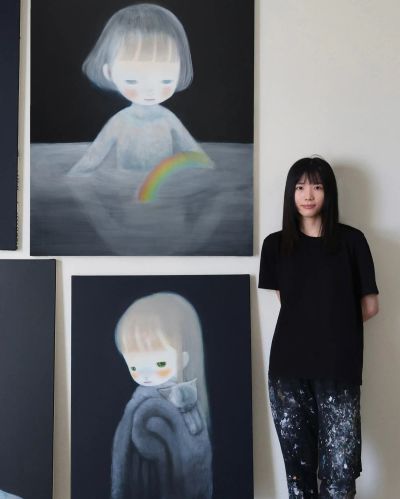 Pale figure floating in darkness in a contemporary figurative painting by Ruo-Hsin Wu, suggesting solitude, emotional interiority, and suspended movement.