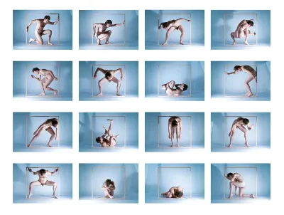 Performance still from Anti-Motion, 2024, by Alexander Kaye, showing restricted body movement within a grid structure exploring tension and controlled spatial systems.