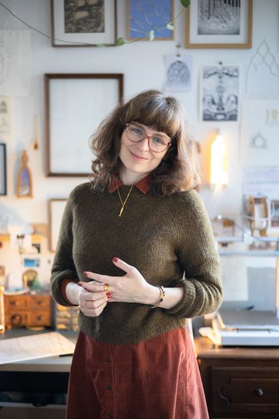 Studio portrait of Martha Kicsiny, British-Hungarian visual artist based in Ghent, working with lithophanes, light-based sculpture and historical media technologies.