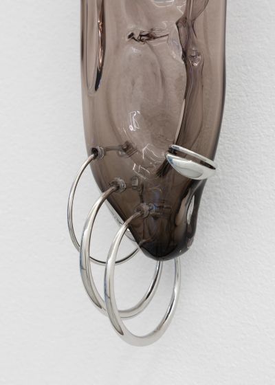 Glass ear sculpture in smoked glass and stainless steel mounted on wall, Floryan Varennes Spike series at Xxijra Hii London