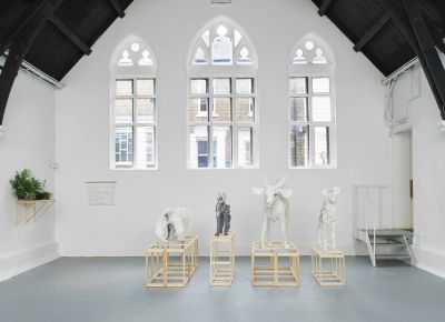 Lin May Saeed exhibition view Biene Studio Voltaire London 2018 animal sculptures on wooden plinths in bright gallery space