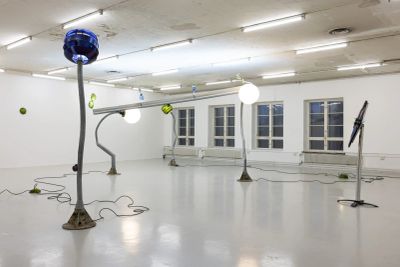 Installation view of "Worker Ant After Work" (2026) by Matti Sumari at SIC Helsinki, featuring sculptural street light forms