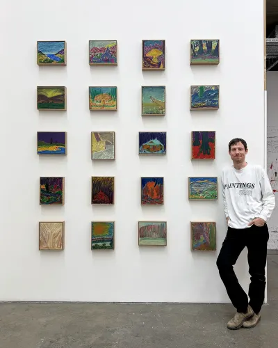 David Hanes with his painting installation I Look at the Royal College of Art Degree Show in London.