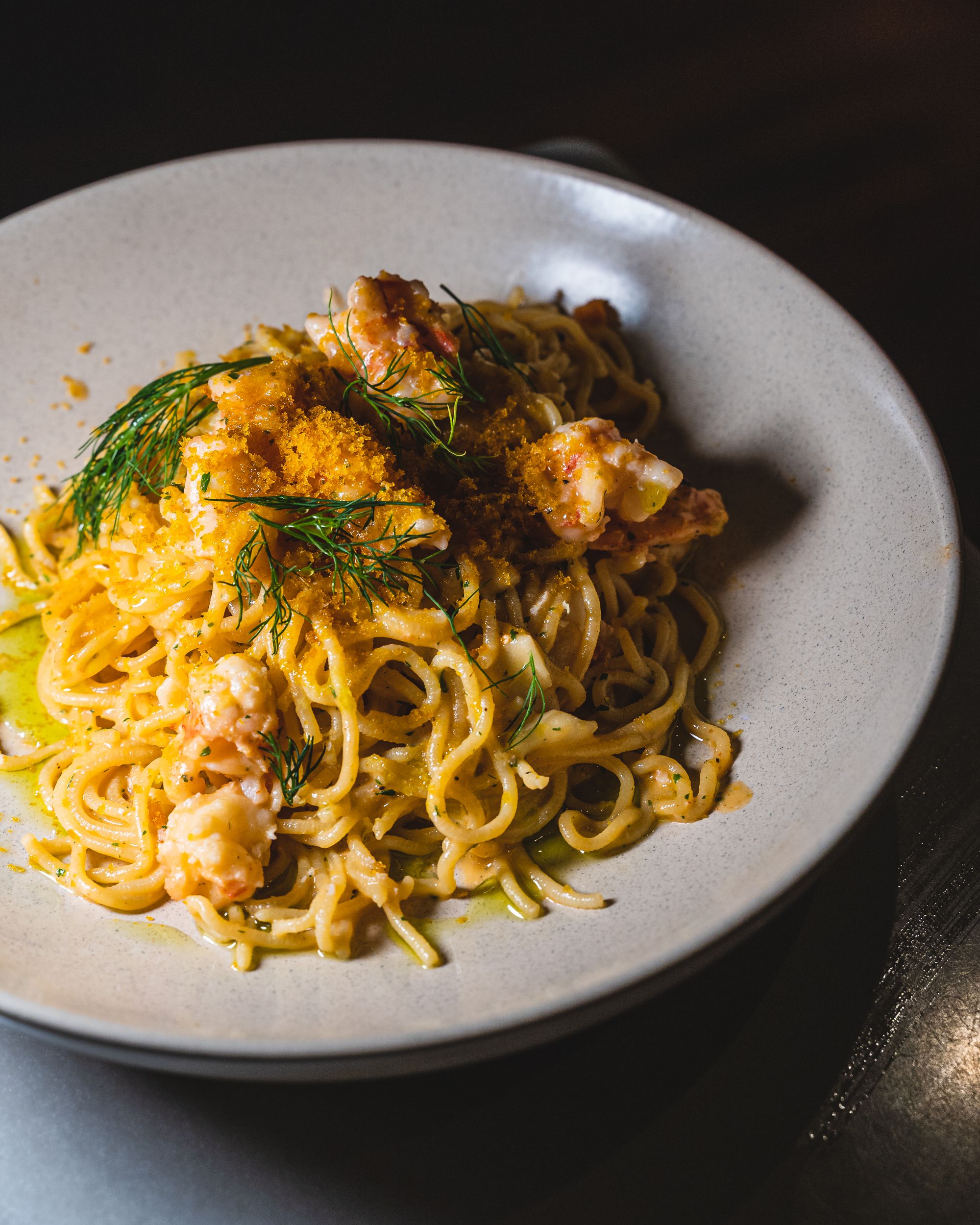 Spaghetti with prawns and bottarga