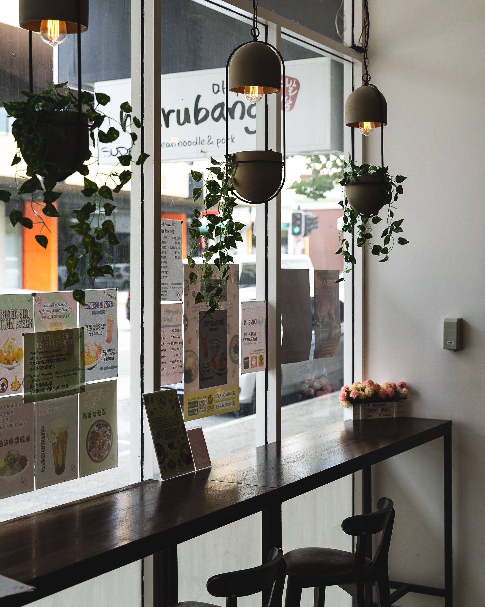 Interior shot of Dessert Garden showing a bench and hanging plants