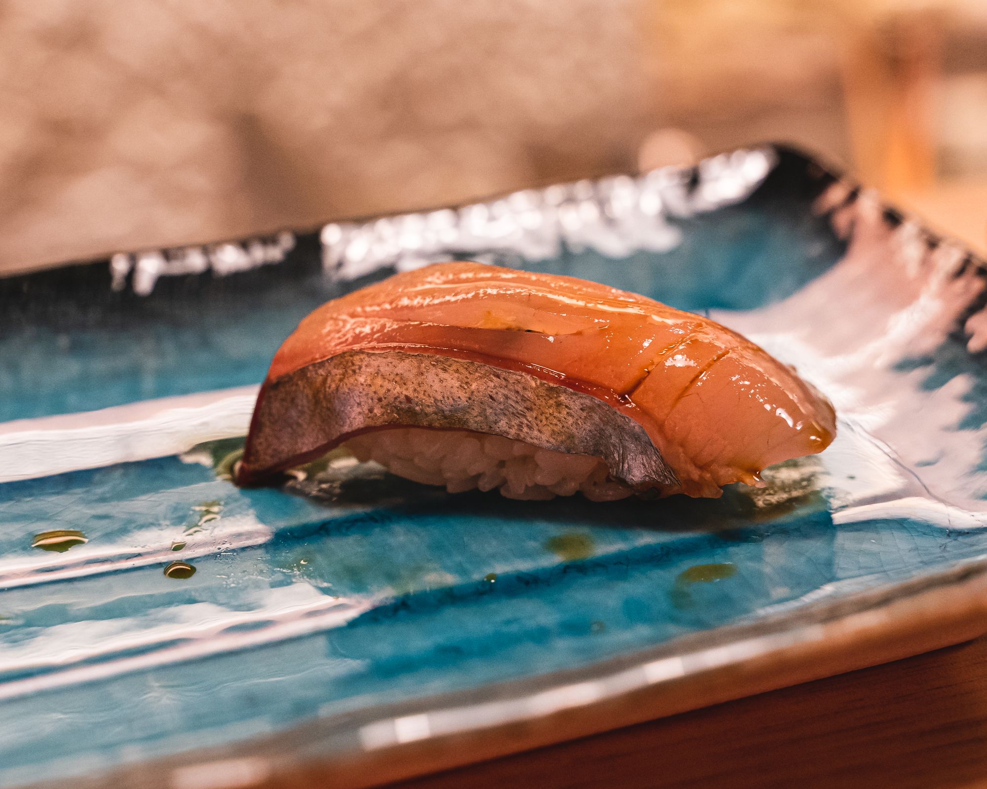 Close up of trevally nigiri