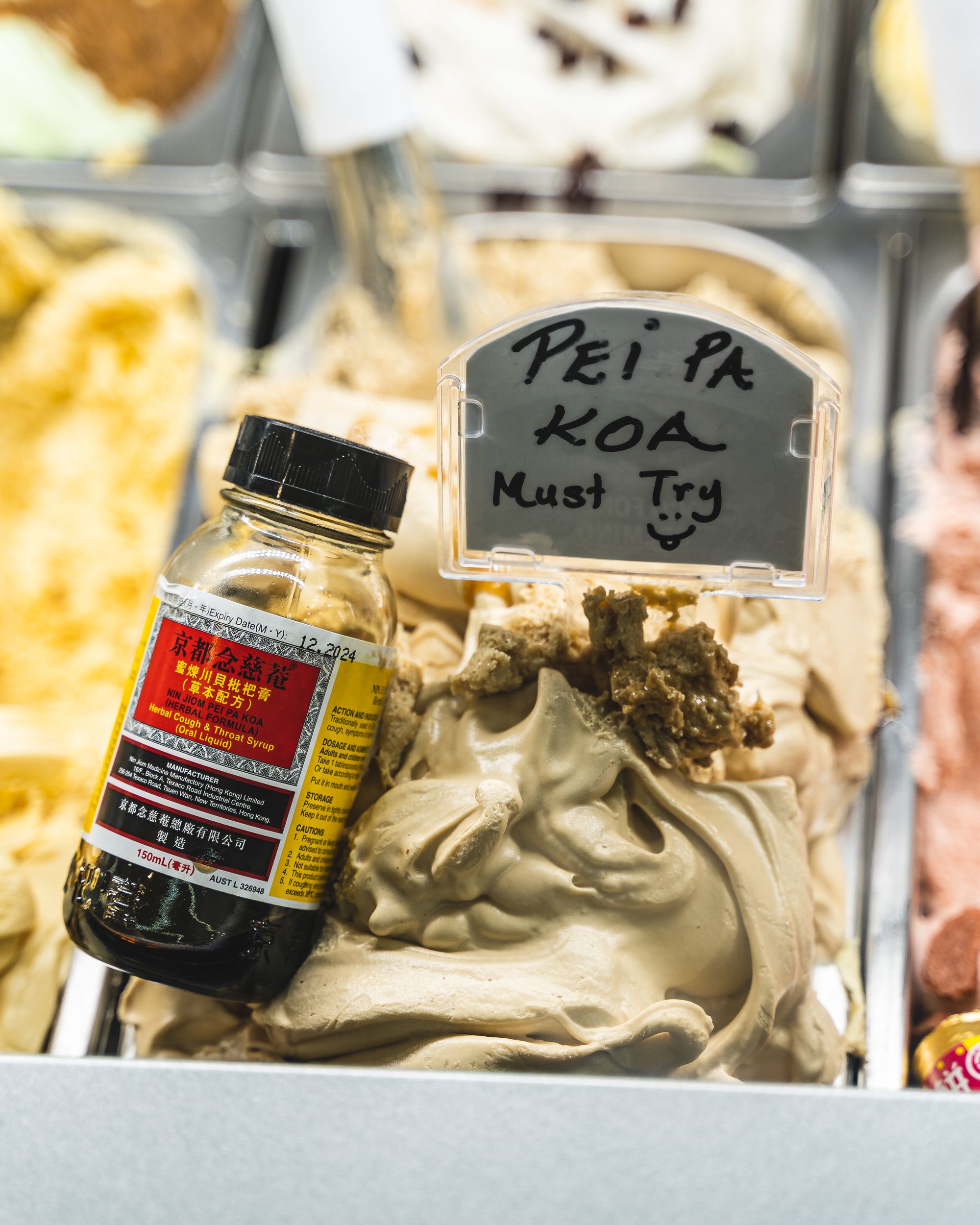 Close up of pei pa koa gelato in the ice-cream cabinet