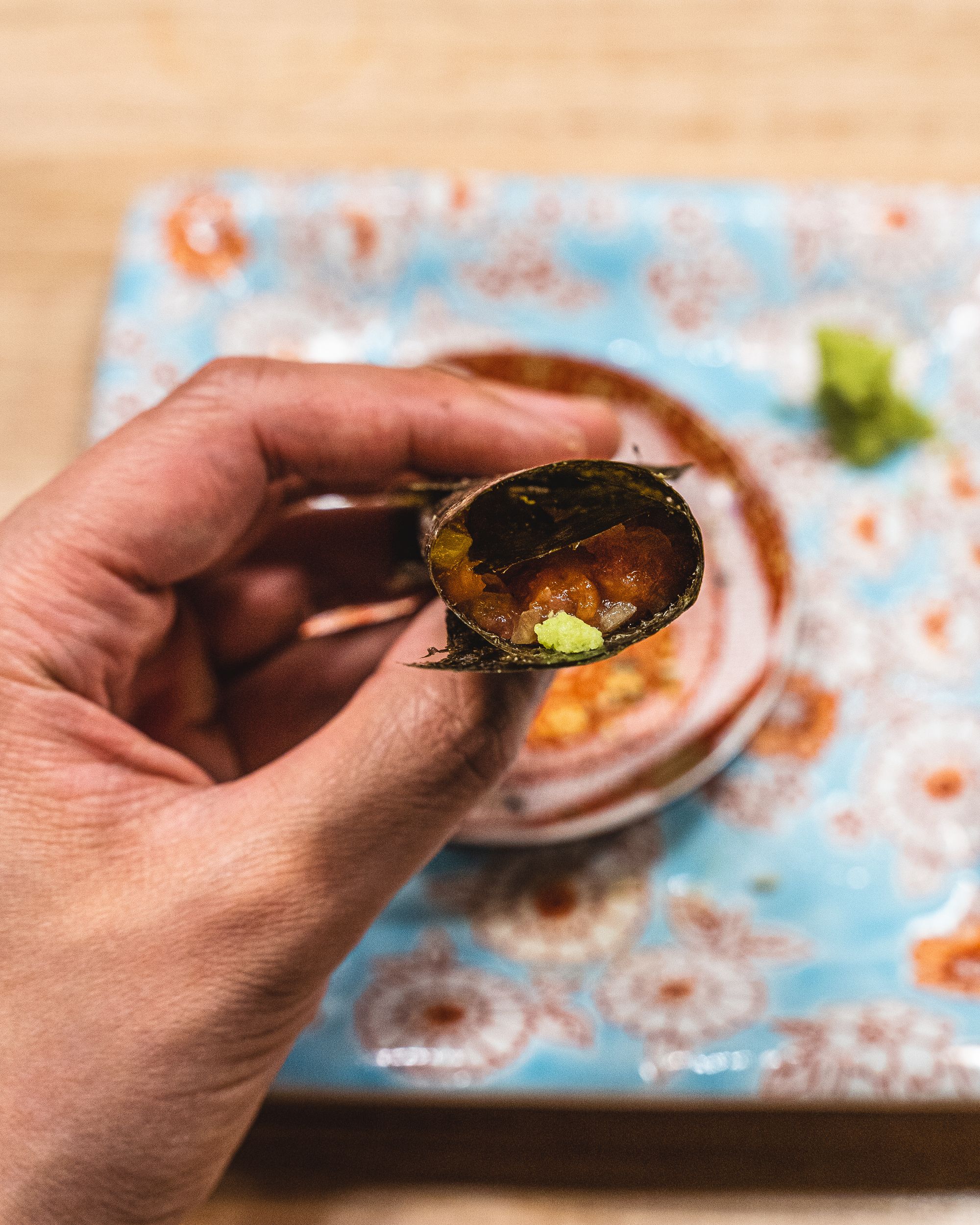 Close up of negitoro served in seaweed