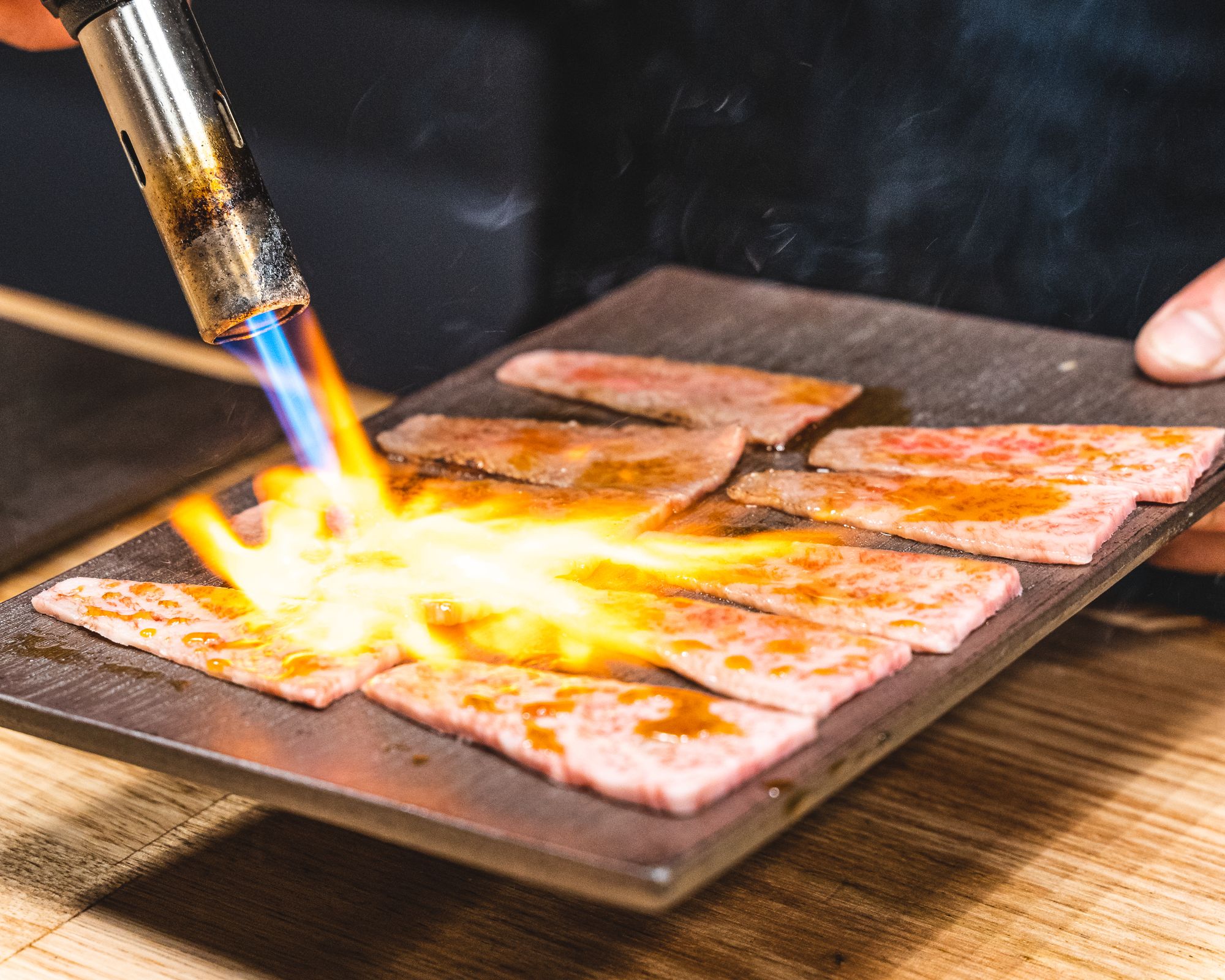 Blow torch searing A5 wagyu