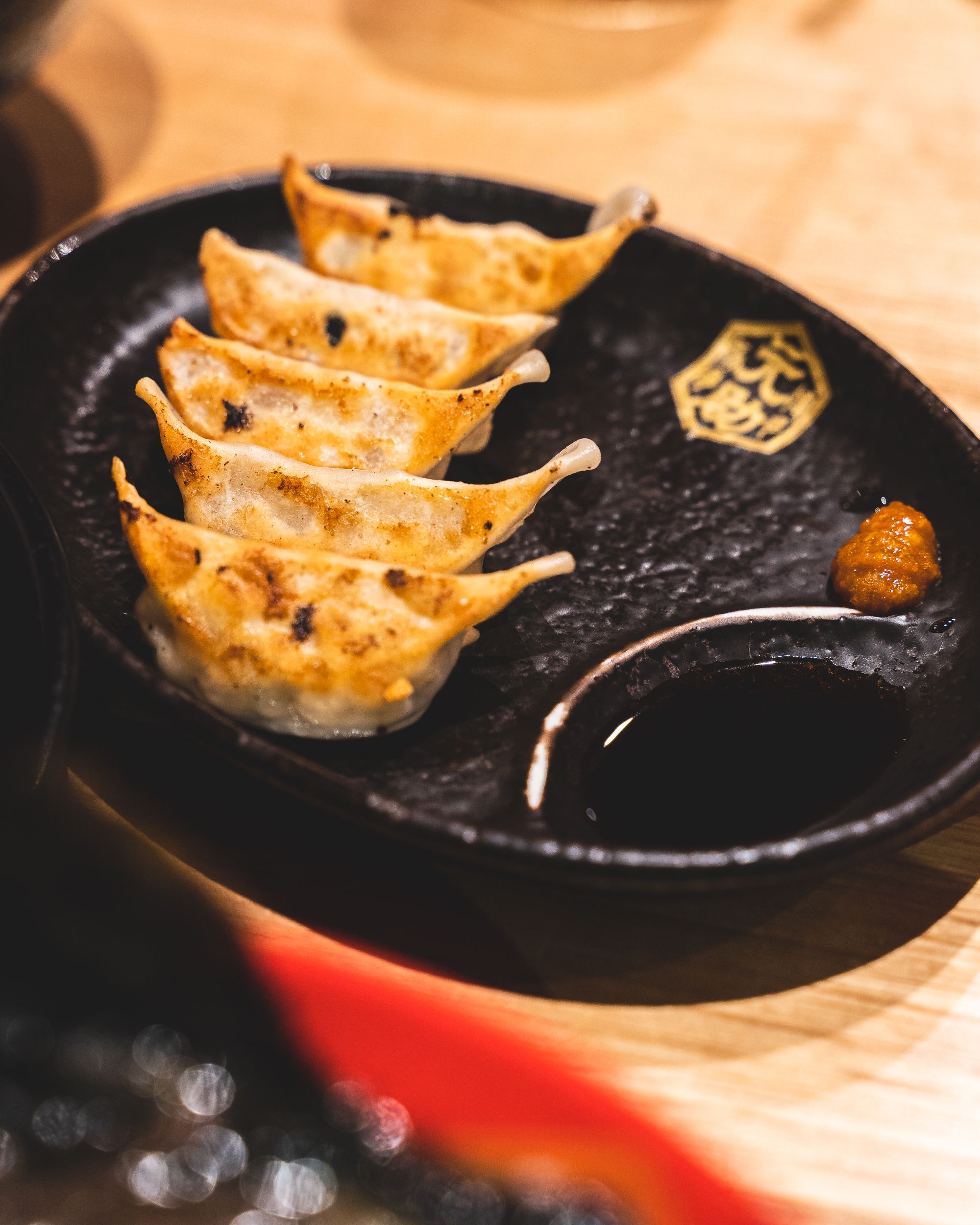 Close up of gyoza dumplings