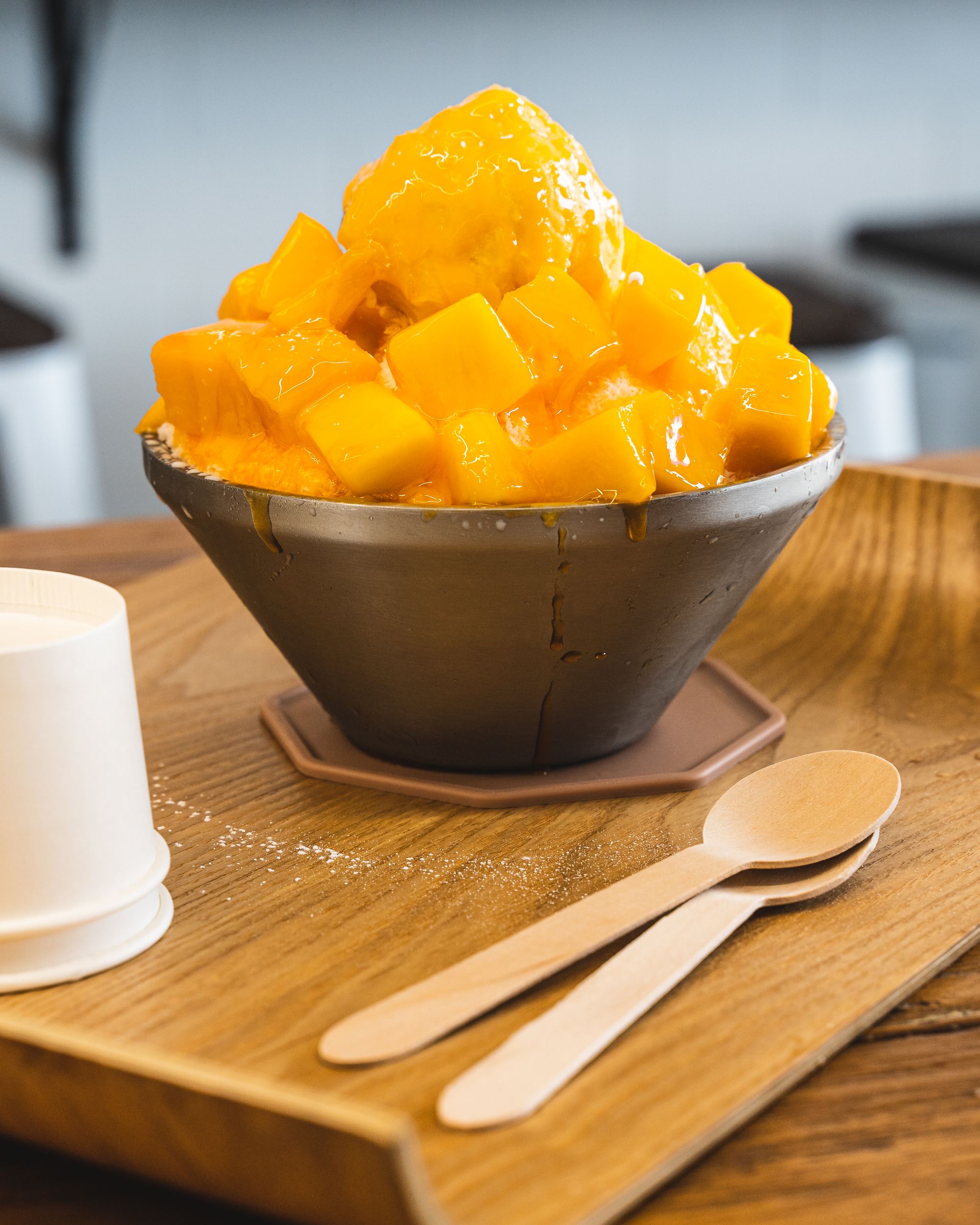 Close up of mango bingsu
