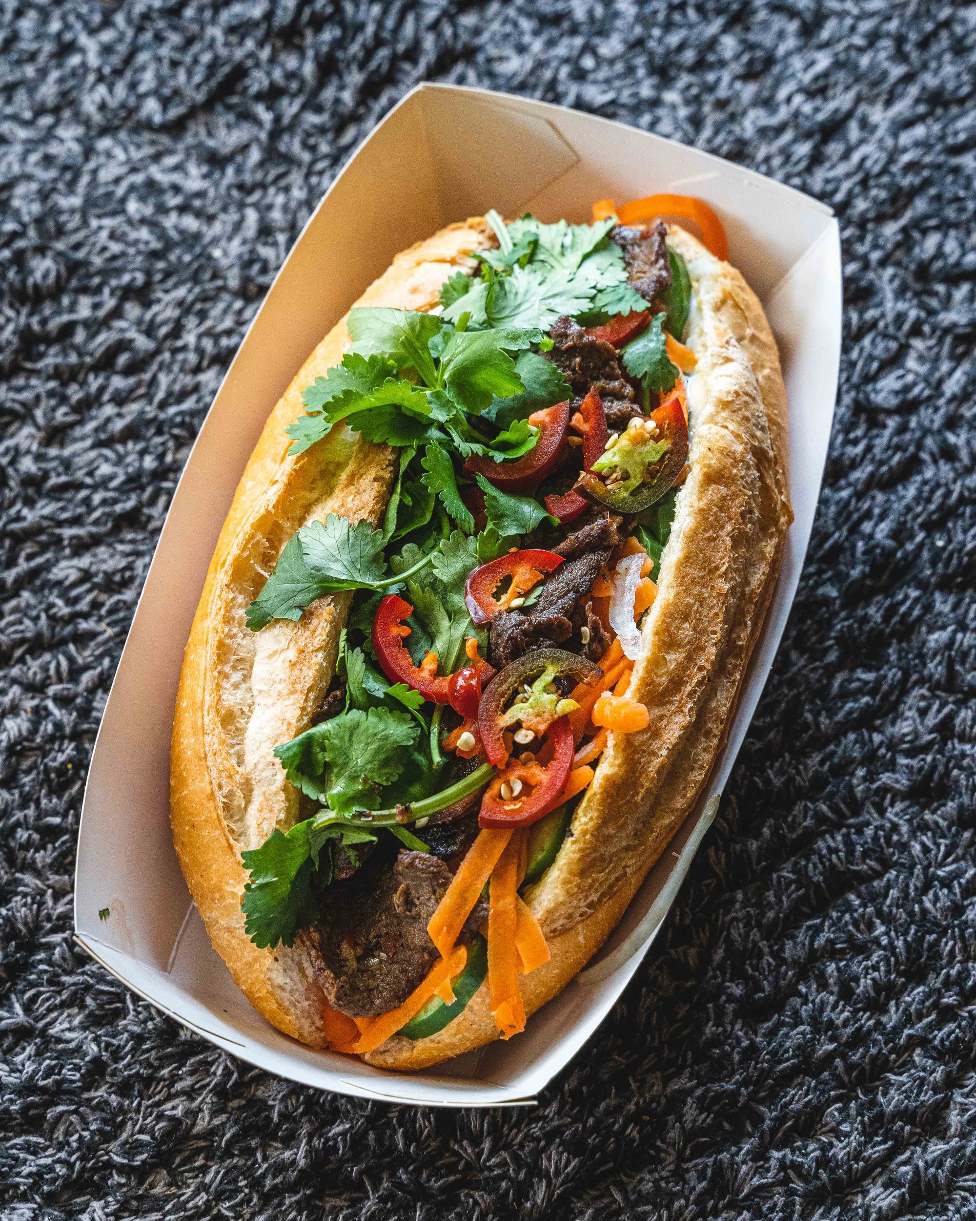 Close up of lemongrass chilli beef banh mi