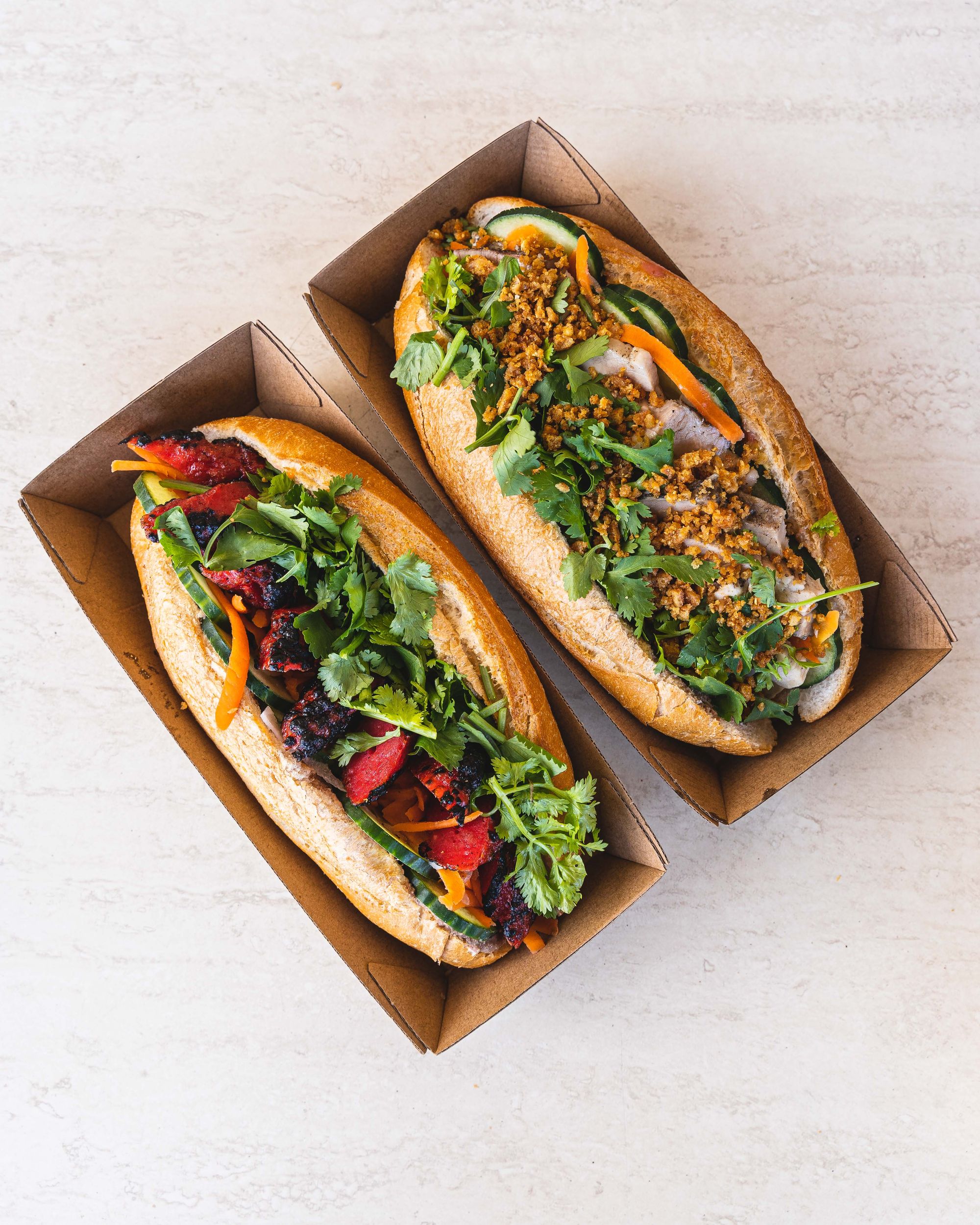 Top down shot of Vietnamese pork sausage banh mi and roast pork banh mi side by side
