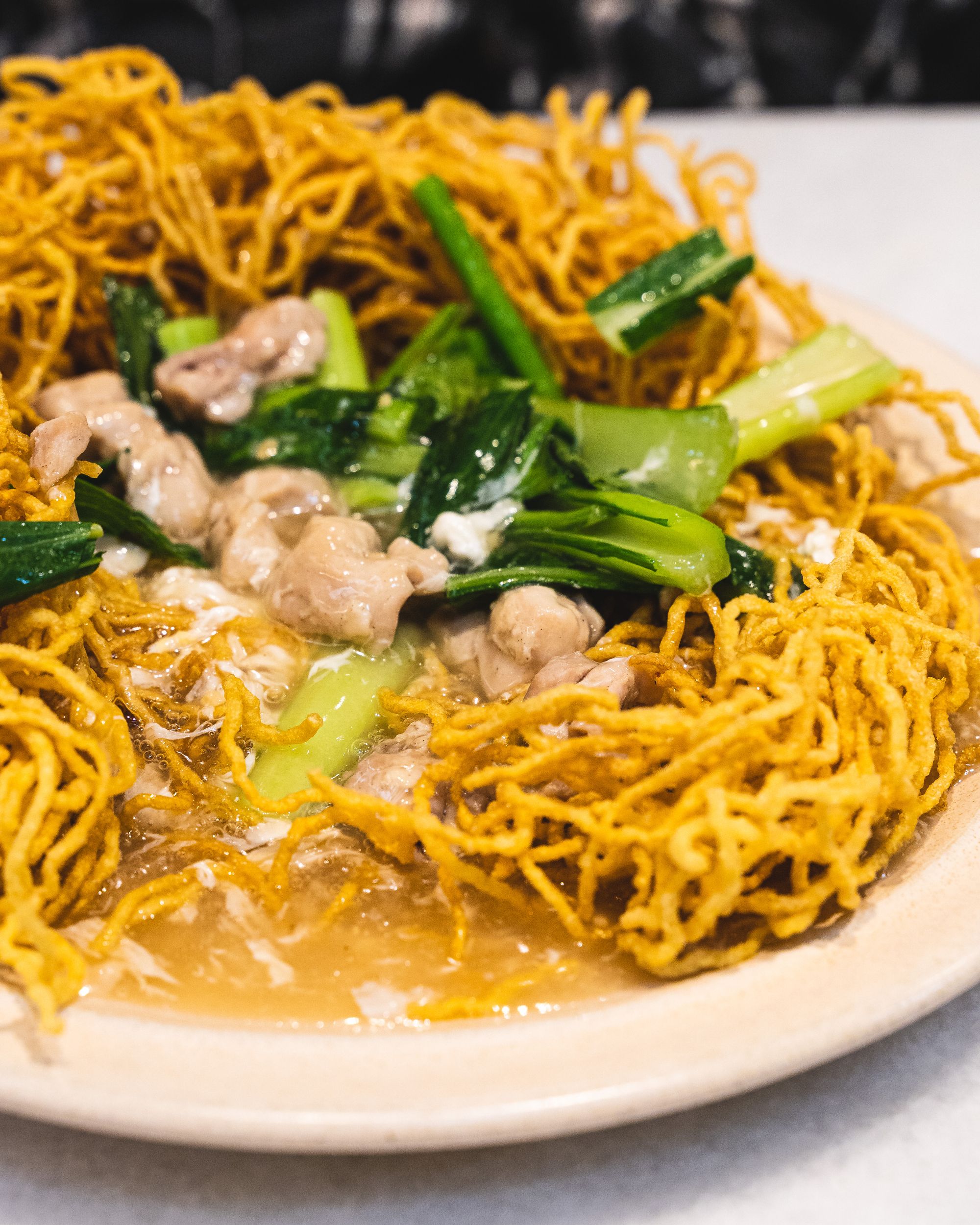 Close up of crispy chow mein