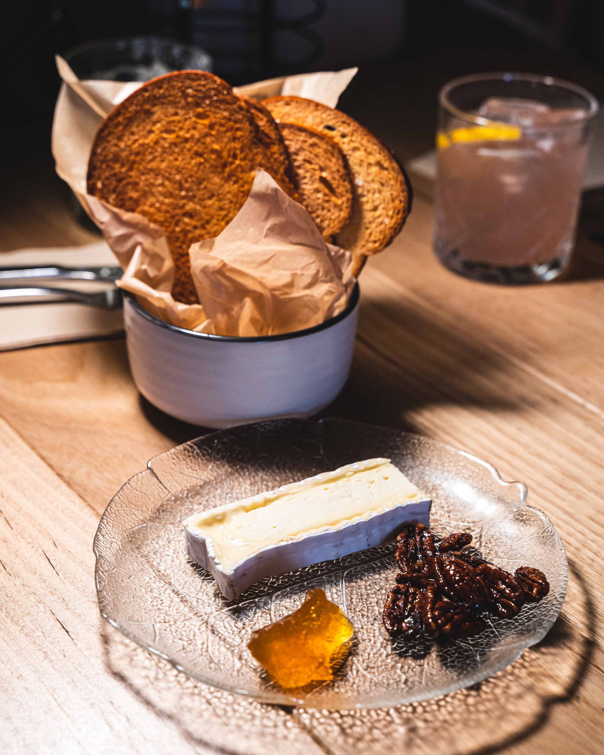 Brioche toast, candied pecans, orange marmalade and cheese