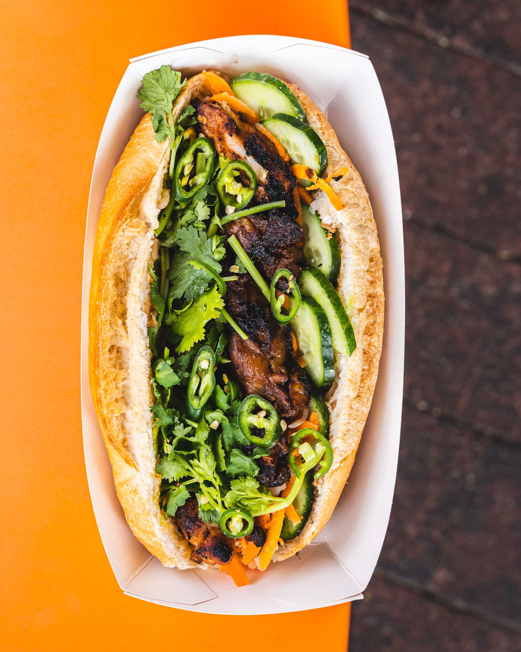 Top down shot of grilled chicken banh mi