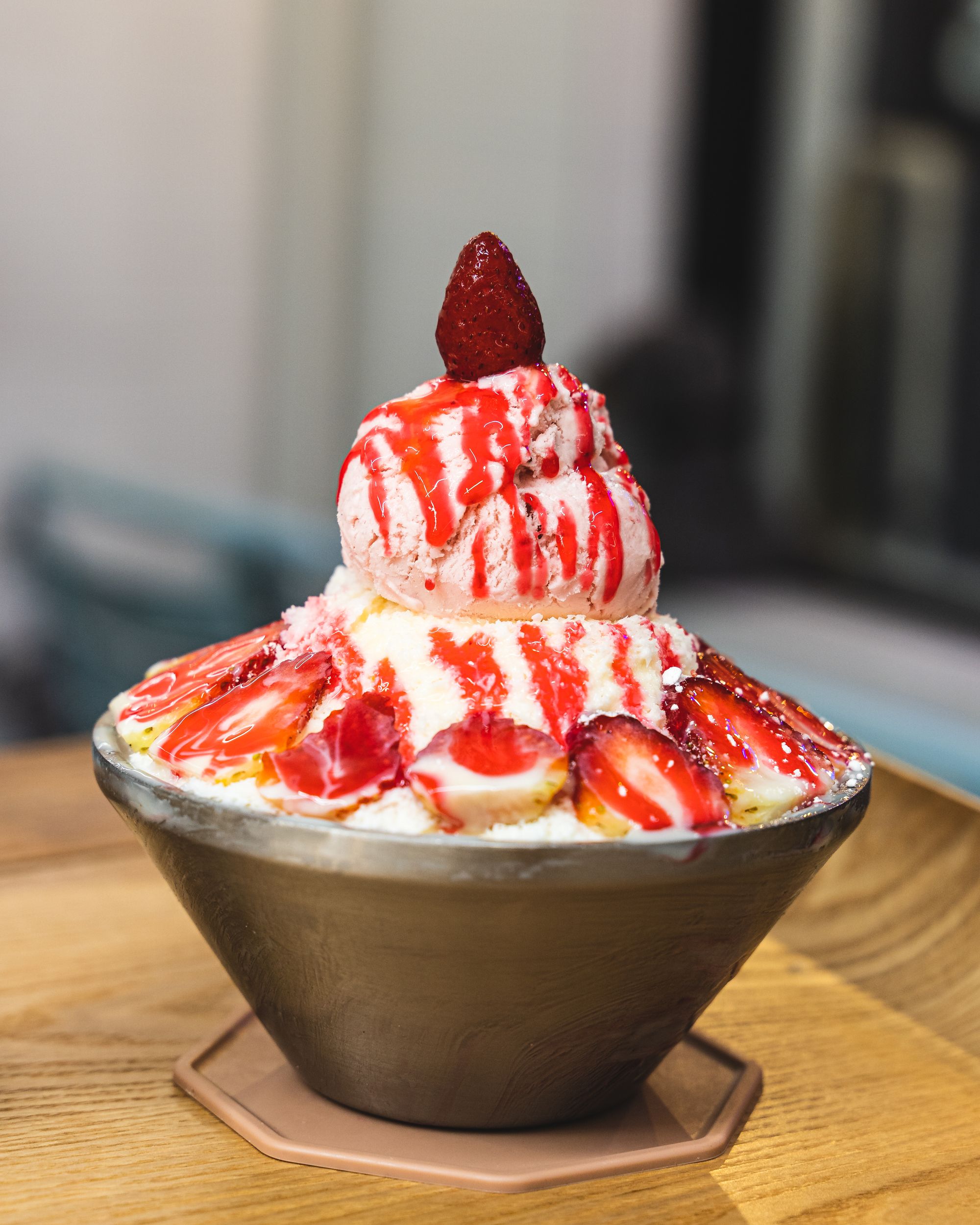 Close up of Korean shaved ice bingsu with strawberries
