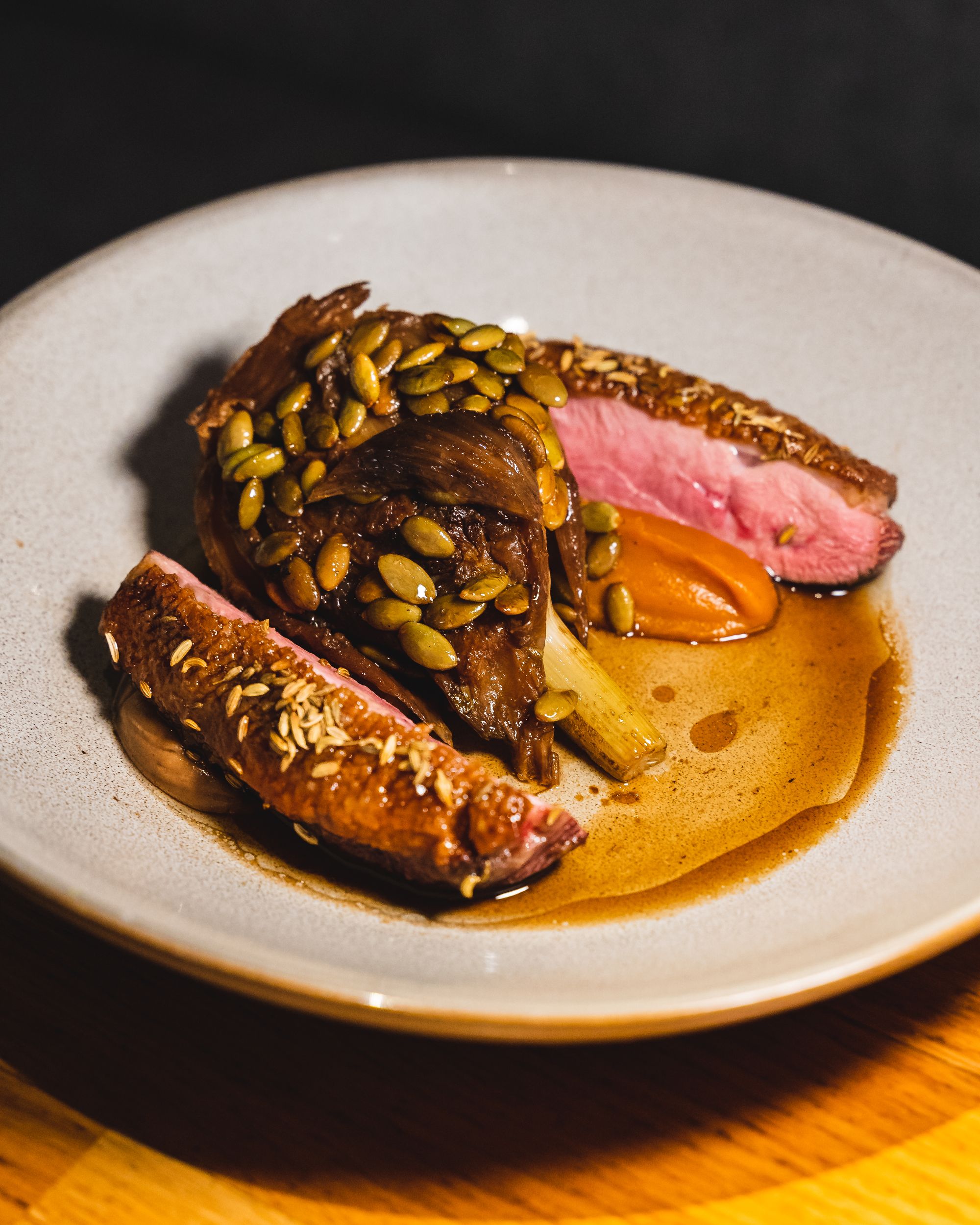 Close up of seared duck breast