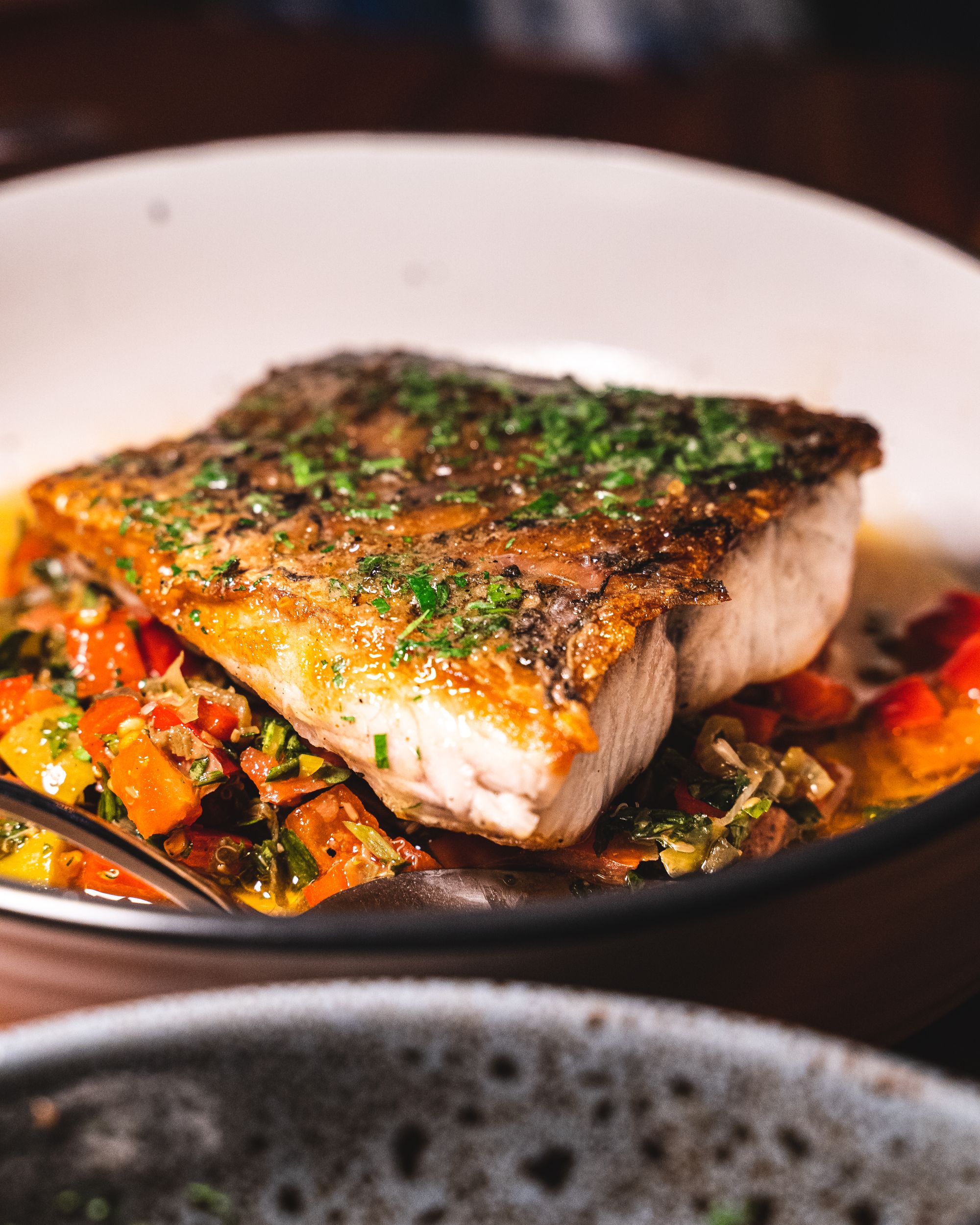 Close up of pan seared barramundi
