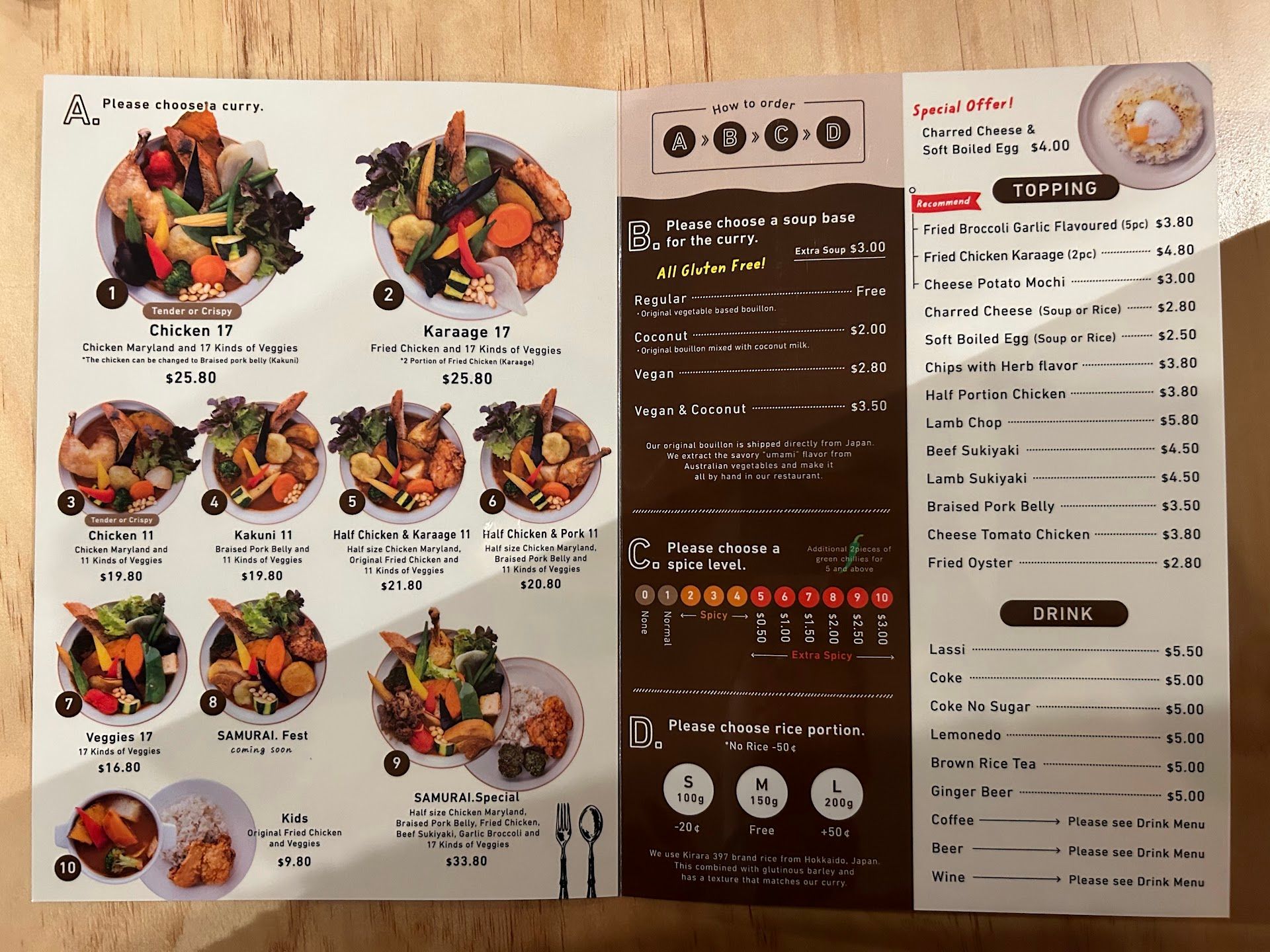 Rojiura Curry Samurai's food menu