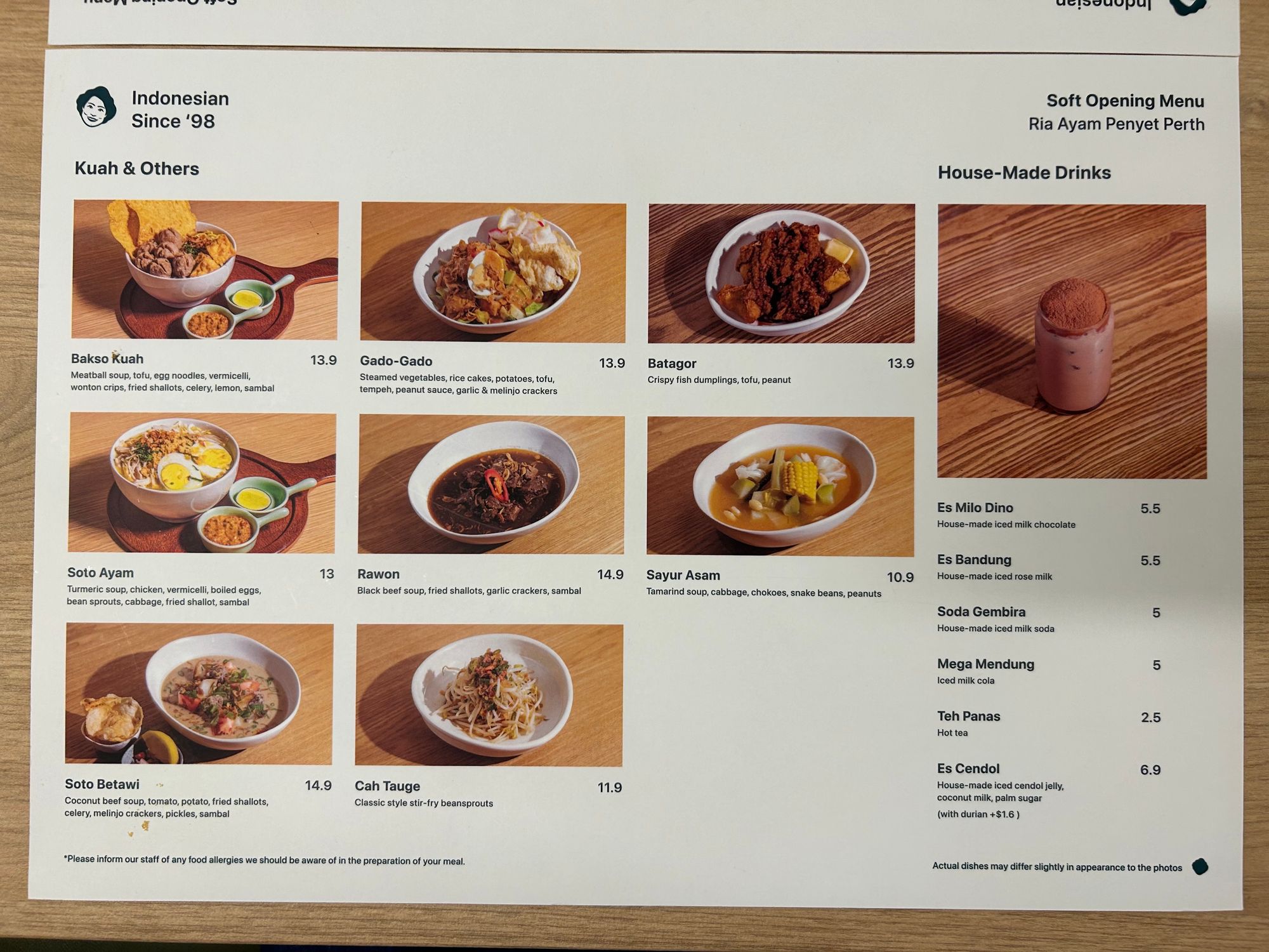 Ria Ayam Penyet soft-launch menu (taken late May 2022)