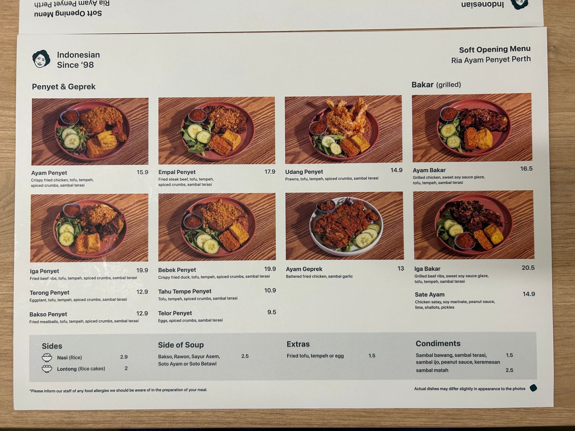 Ria Ayam Penyet soft-launch menu (taken late May 2022)