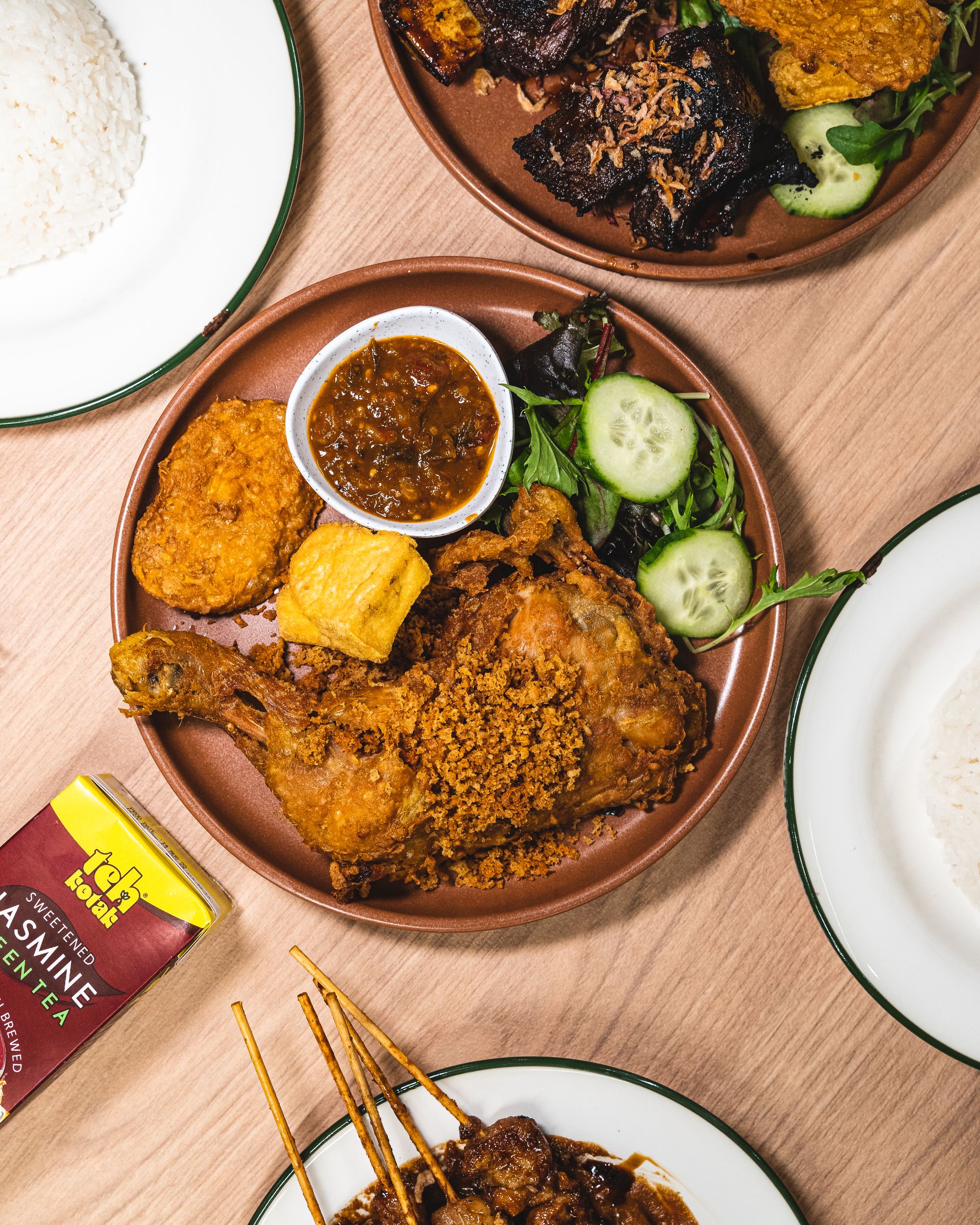 Top down shot of fried chicken and vegetables 